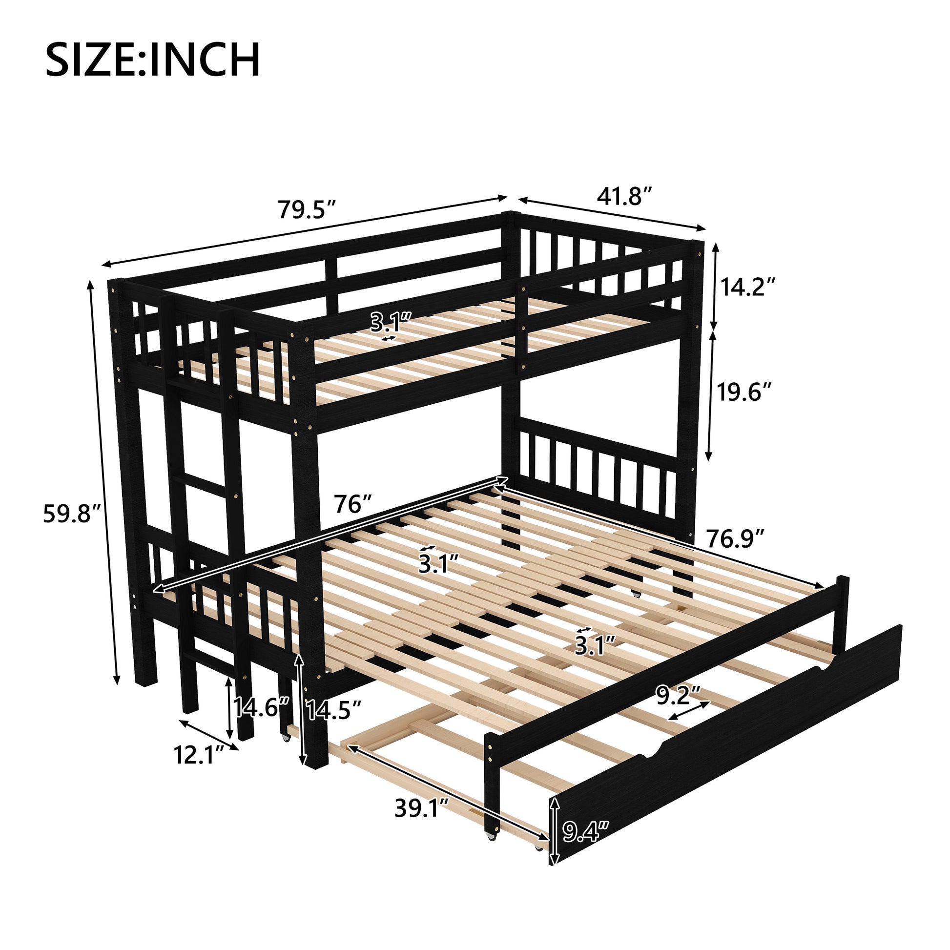 Twin Over Pull Out Bunk Bed With Trundle, Espresso Twin Espresso Pine