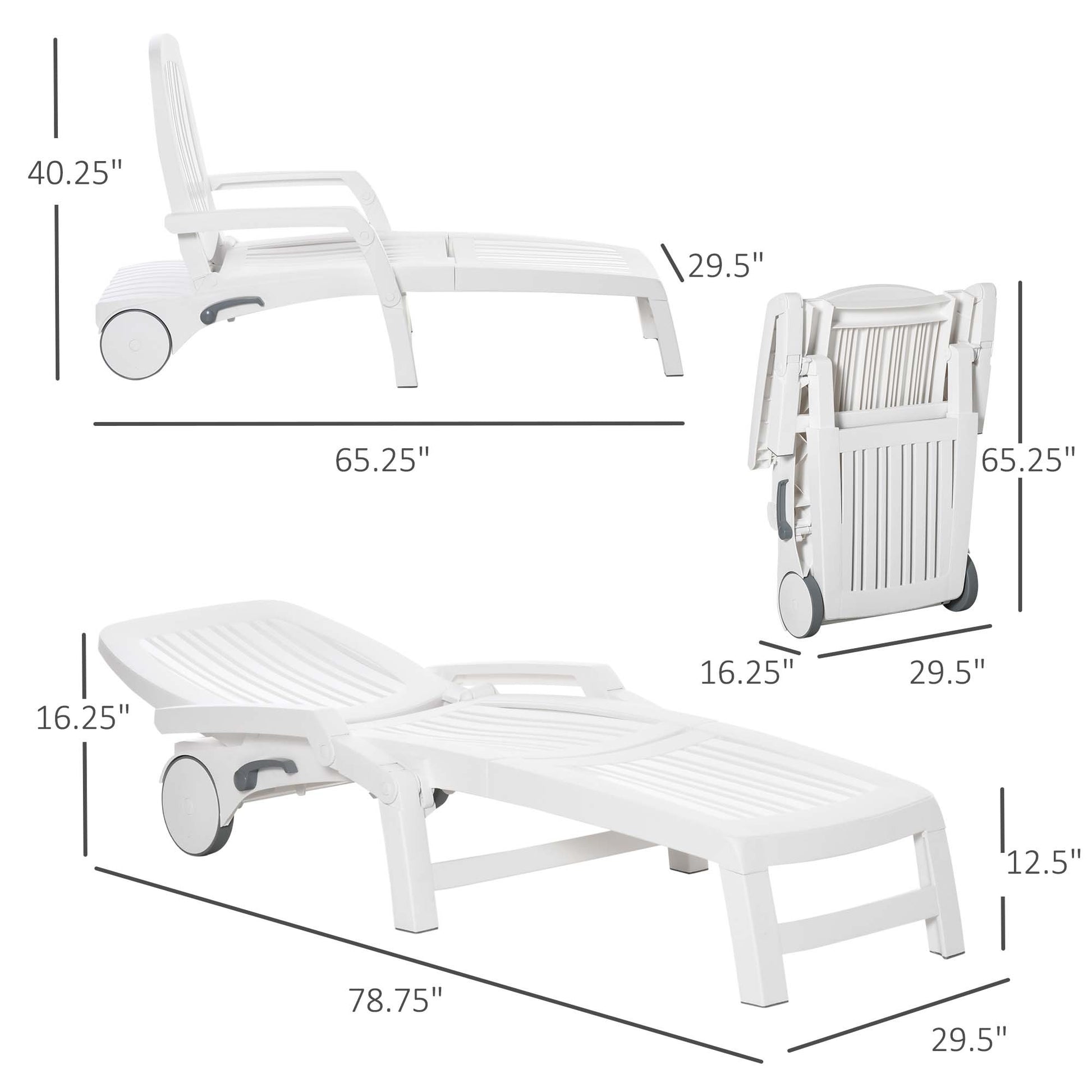 Outsunny Outdoor Chaise Lounge Chair On Wheels With Storage Box, Waterproof Lounger With Quick Assembly, Folding Design, 5 Level Adjustable Backrest For Pool, Beach, Patio, Garden, White White Polypropylene