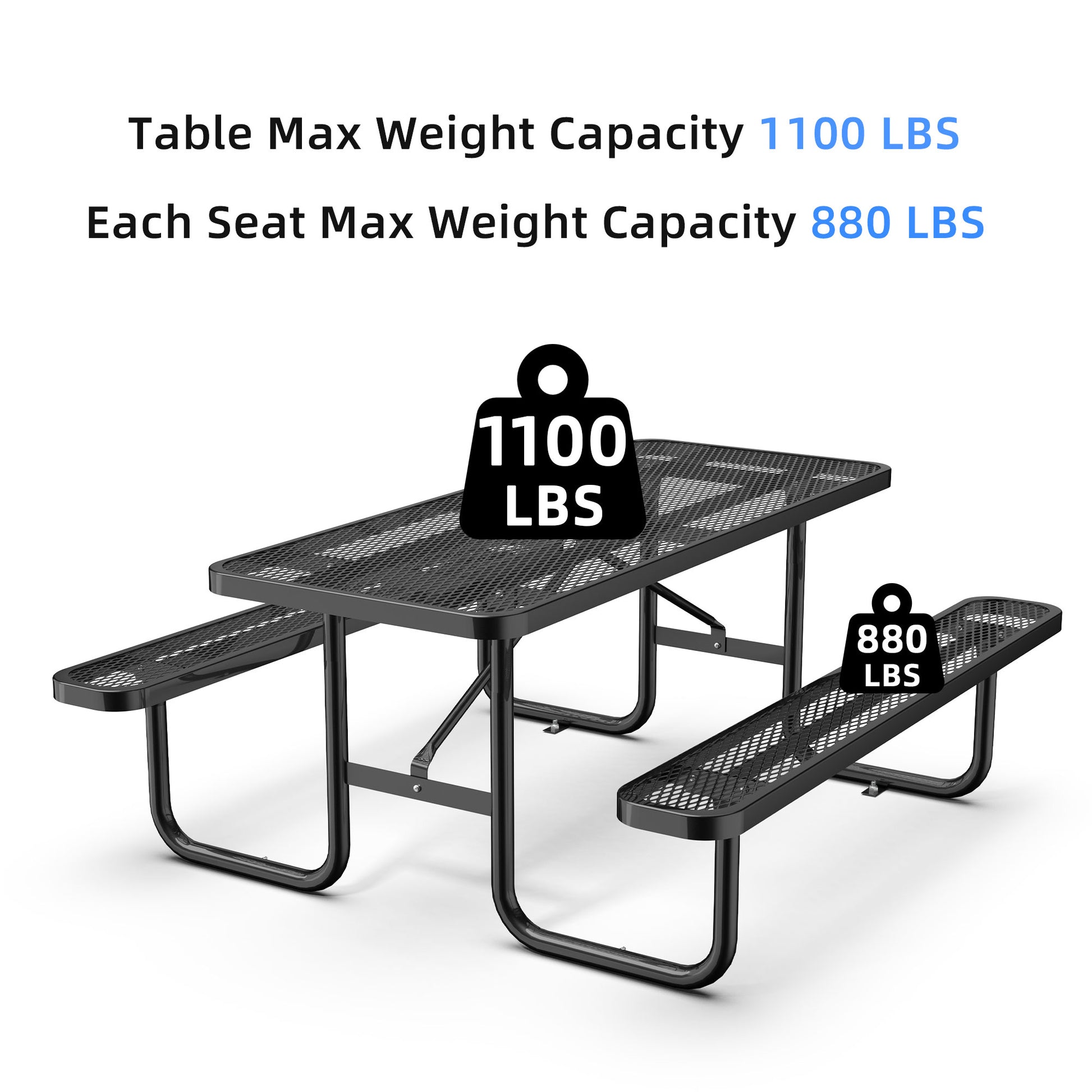 72" Expanded Metal Rectangular Picnic Table, Black Black Steel Steel