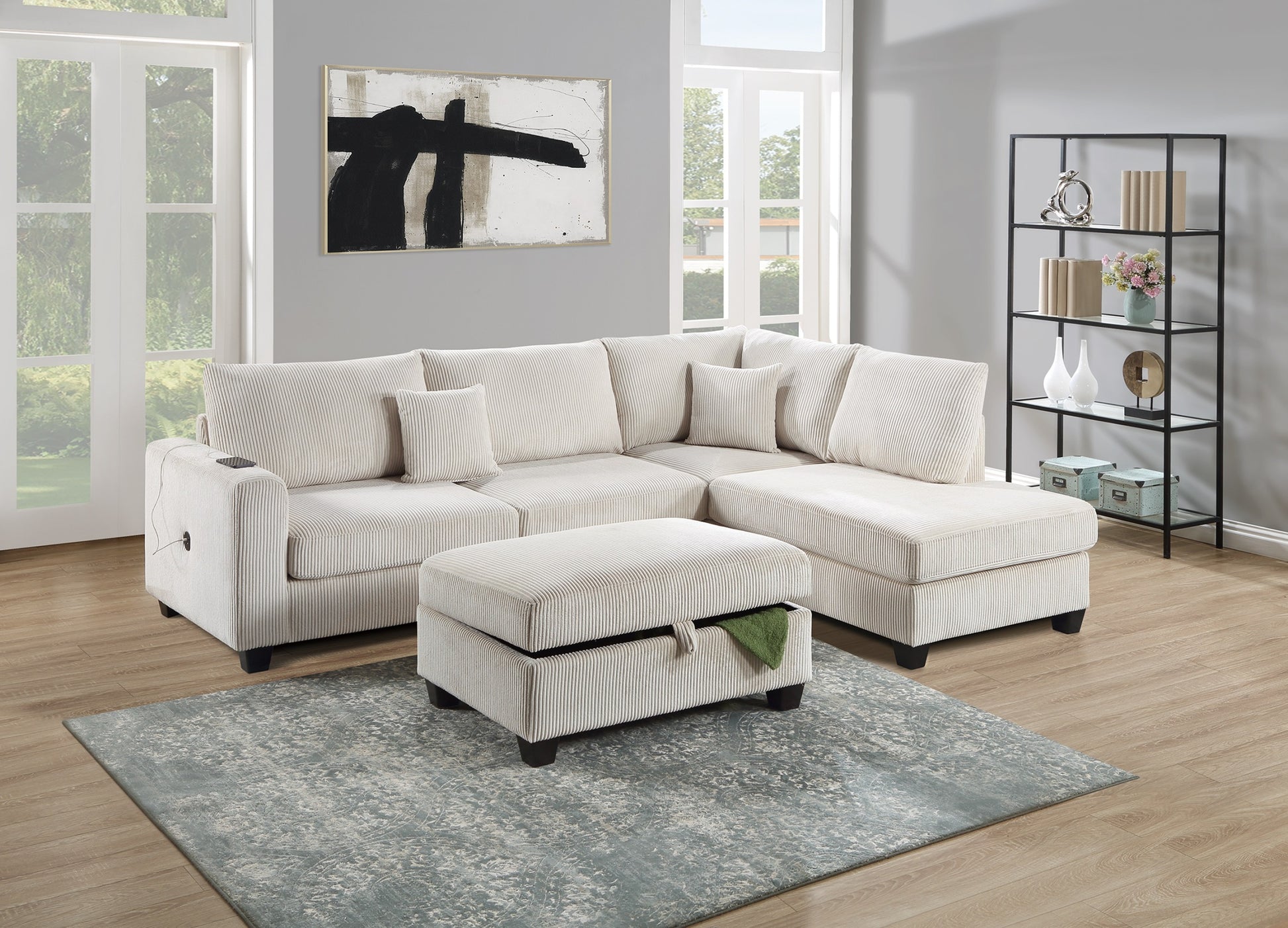 Ivory Color 3Pc Sectional Set Corduroy Upholstered Laf Sofa Raf Chaise