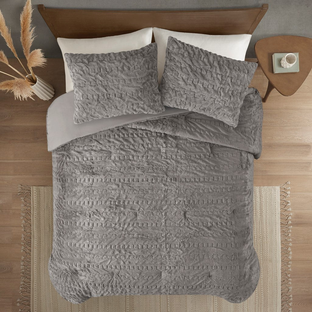 Ruched Fur Down Alternative Comforter Set Queen Grey Polyester