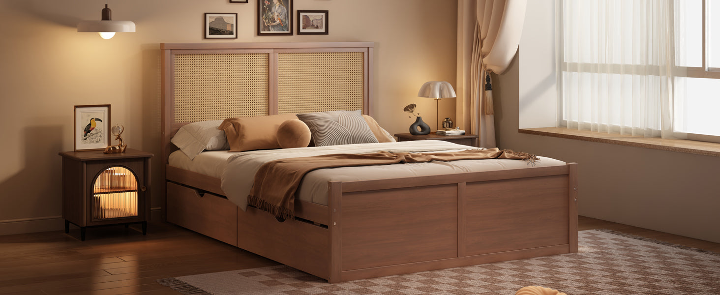Queen Size Wood Storage Platform Bed With 4 Drawers, Rattan Headboard, Espresso Box Spring Not Required Queen Antique Espresso Wood Bedroom Bed Frame Wood Rattan