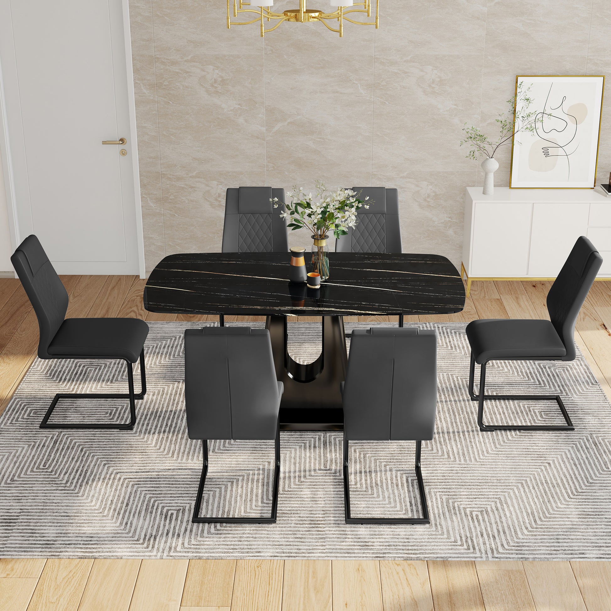 Table And Chair Set, Minimalist Dining Table, Imitation Marble Patterned Glass Tabletop, Mdf Legs With U Shaped Brackets. Paired With Comfortable Chairs, Suitable For Dining And Living Rooms. Black Mdf Glass