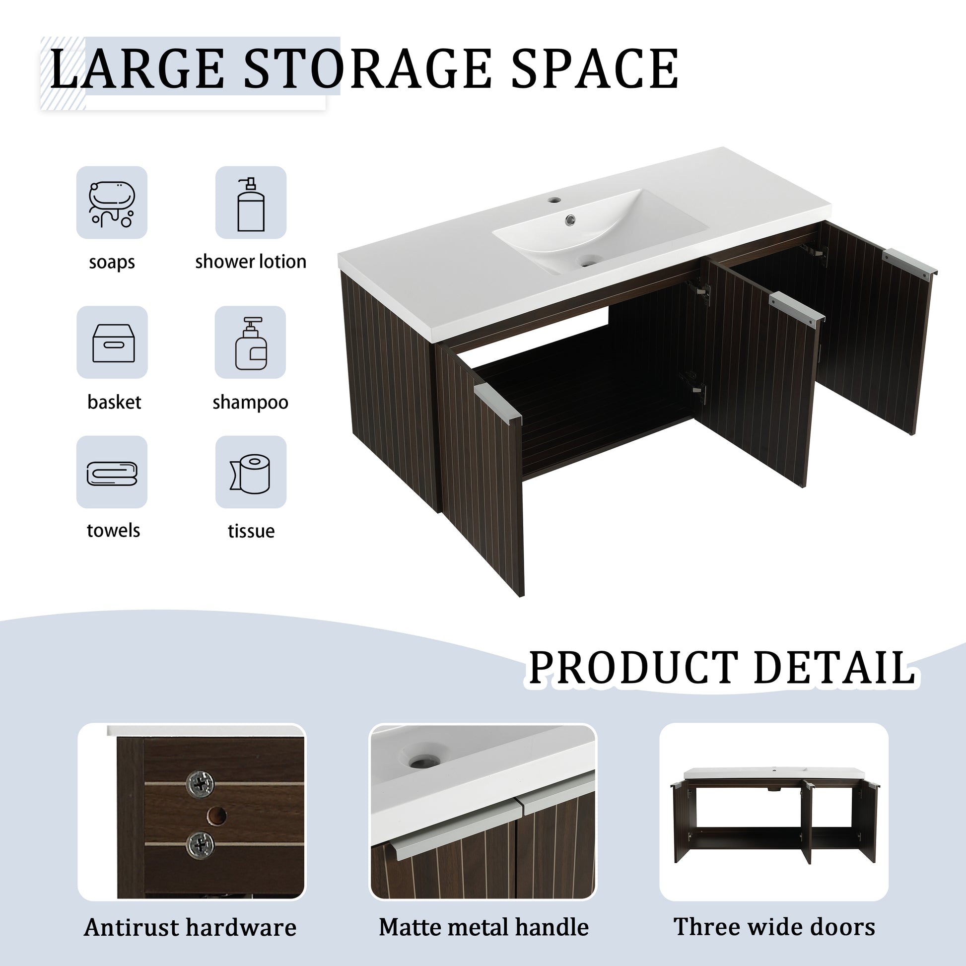 48 Inch Bathroom Cabinet With Resin Sink,Soft Close Doors,Float Mounting Design Silver Brown Stripe Bathroom Modern Plywood Plywood