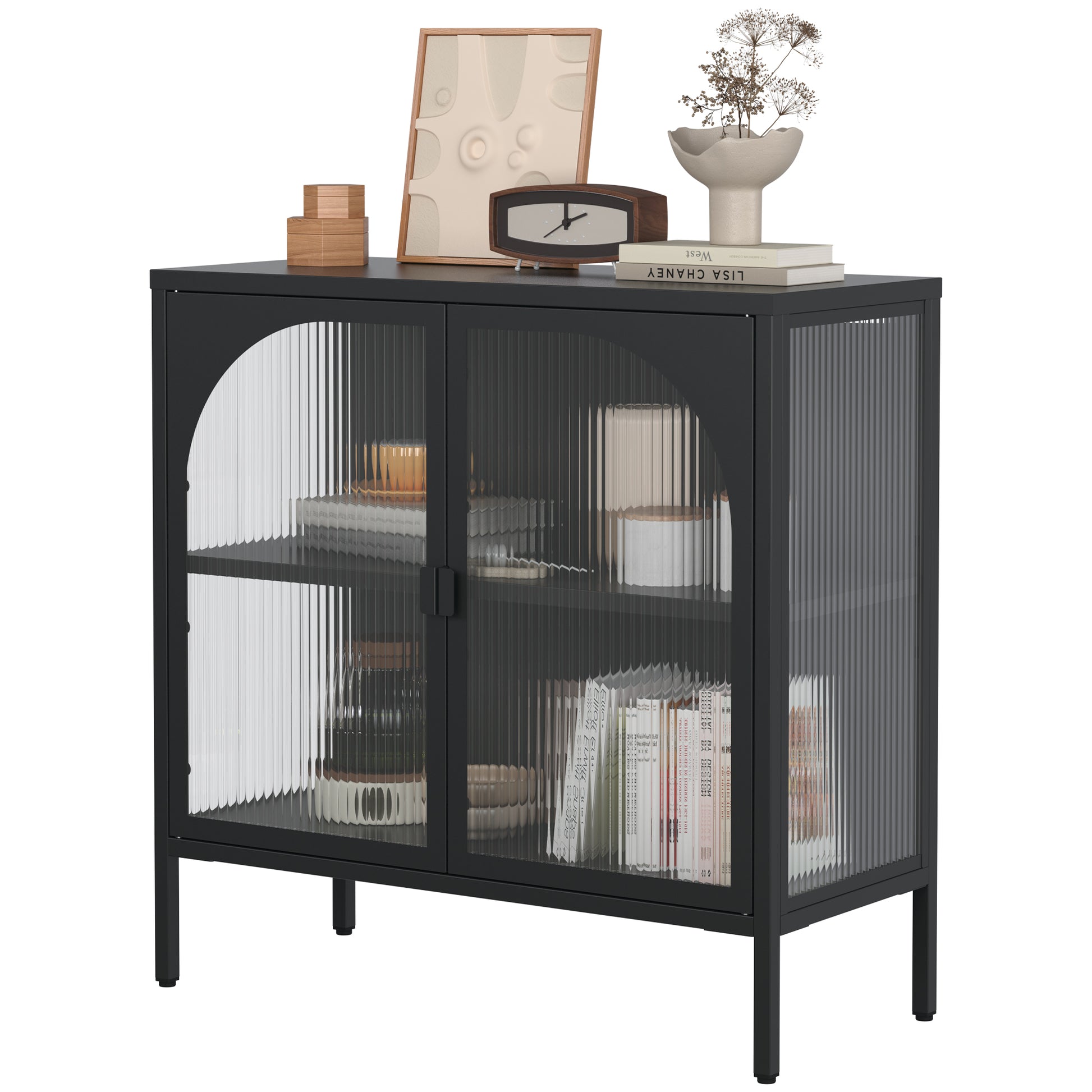 Metal Sideboard Cabinet,Accent Storage Cabinet With 2 Glass Doors,Modern Coffee Bar Cabinet With Adjustable Shelves 154 Lbs Capacity For Kitchen, Living Room And Hallway, Black Accent Chests 1 2 Shelves Antique Black Primary Living Space Glass Doors