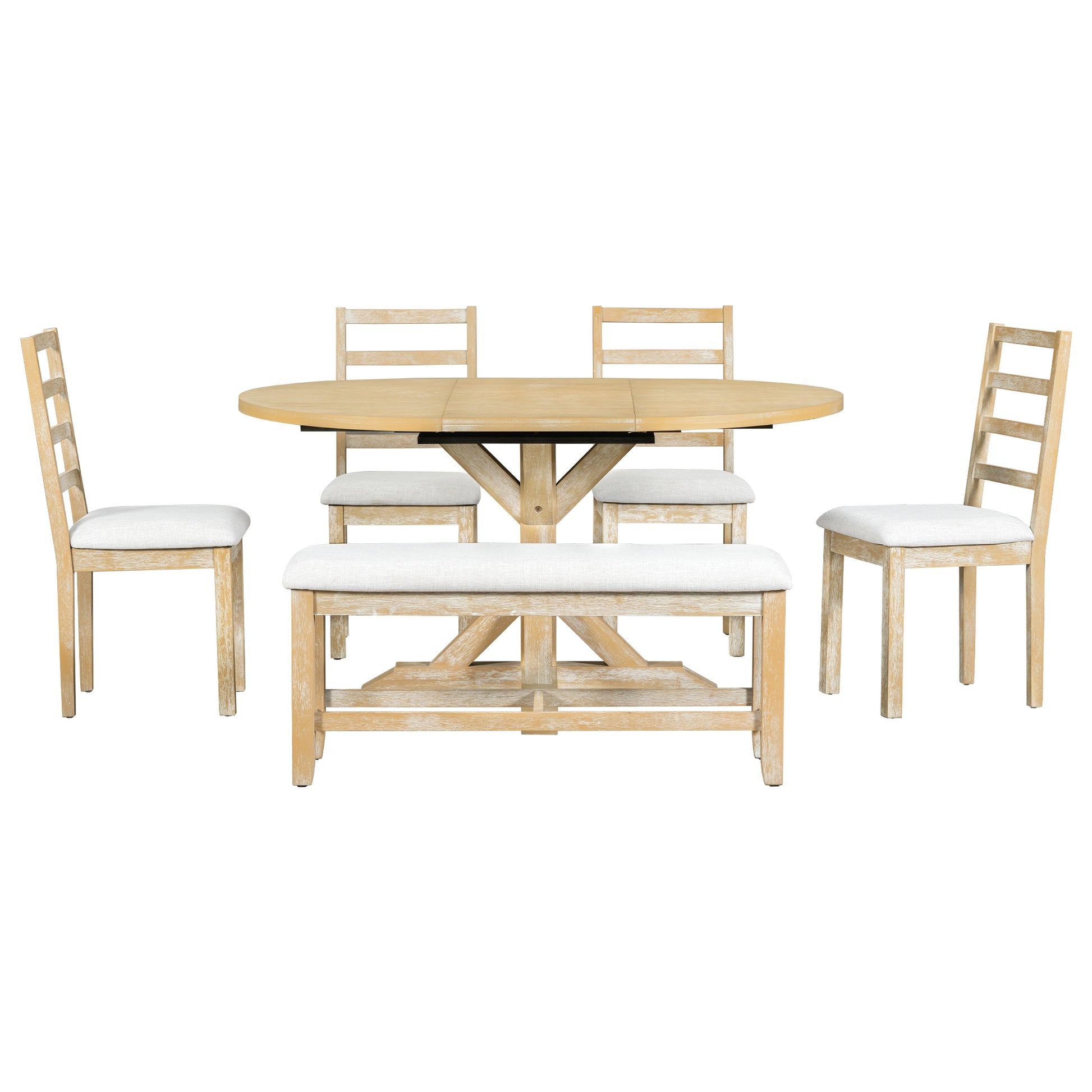 Farmhouse 6 Piece 60Inch Extendable Pedestal Dining Table Set With 18Inch Removable Leaf, 44Inch Bench And 4 Ladder Back Dining Chairs, Natural Wood Dining Room Solid Wood Rubberwood Oval Dining Table With Bench Wood Wood Natural Ladder Back Seats 6 60