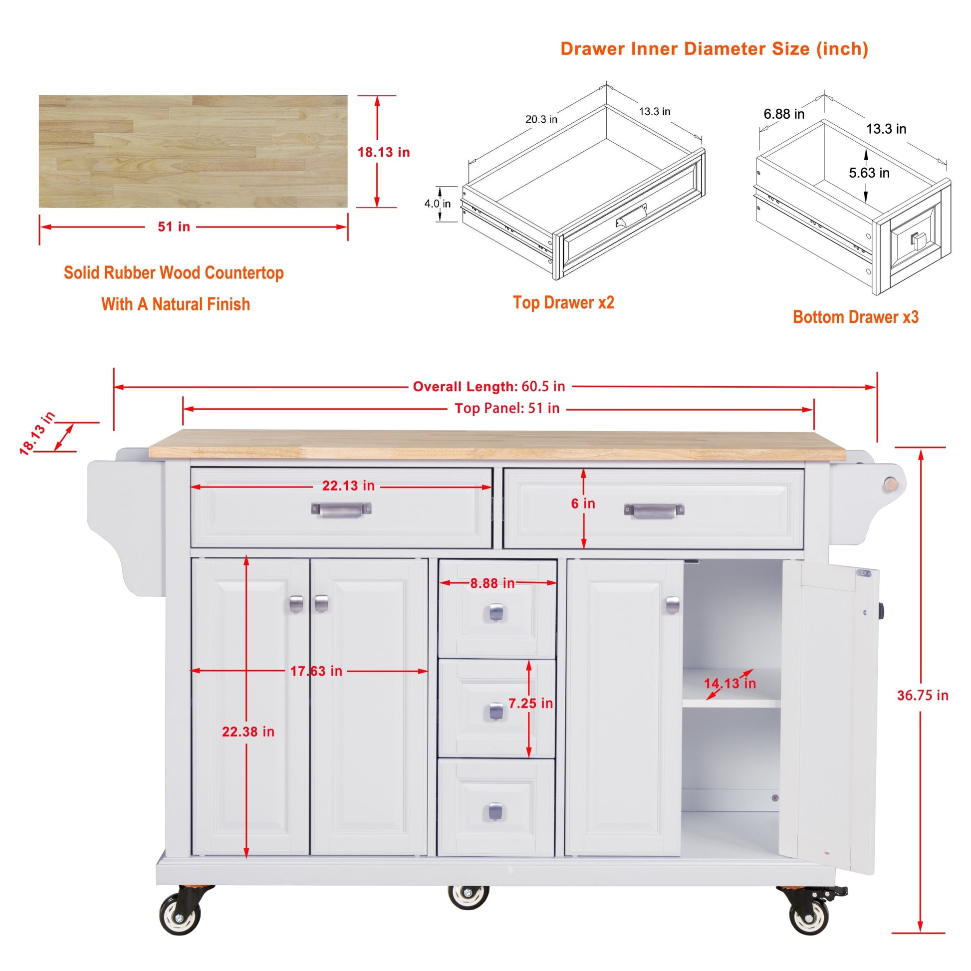 Kitchen Island With Rubber Wood Countertop, Kitchen Cart On 5 Wheels With Storage Cabinet And 5 Drawers For Dinning Room, White White Dining Room Rectangular Rubberwood Solid Wood Mdf Large 56 In