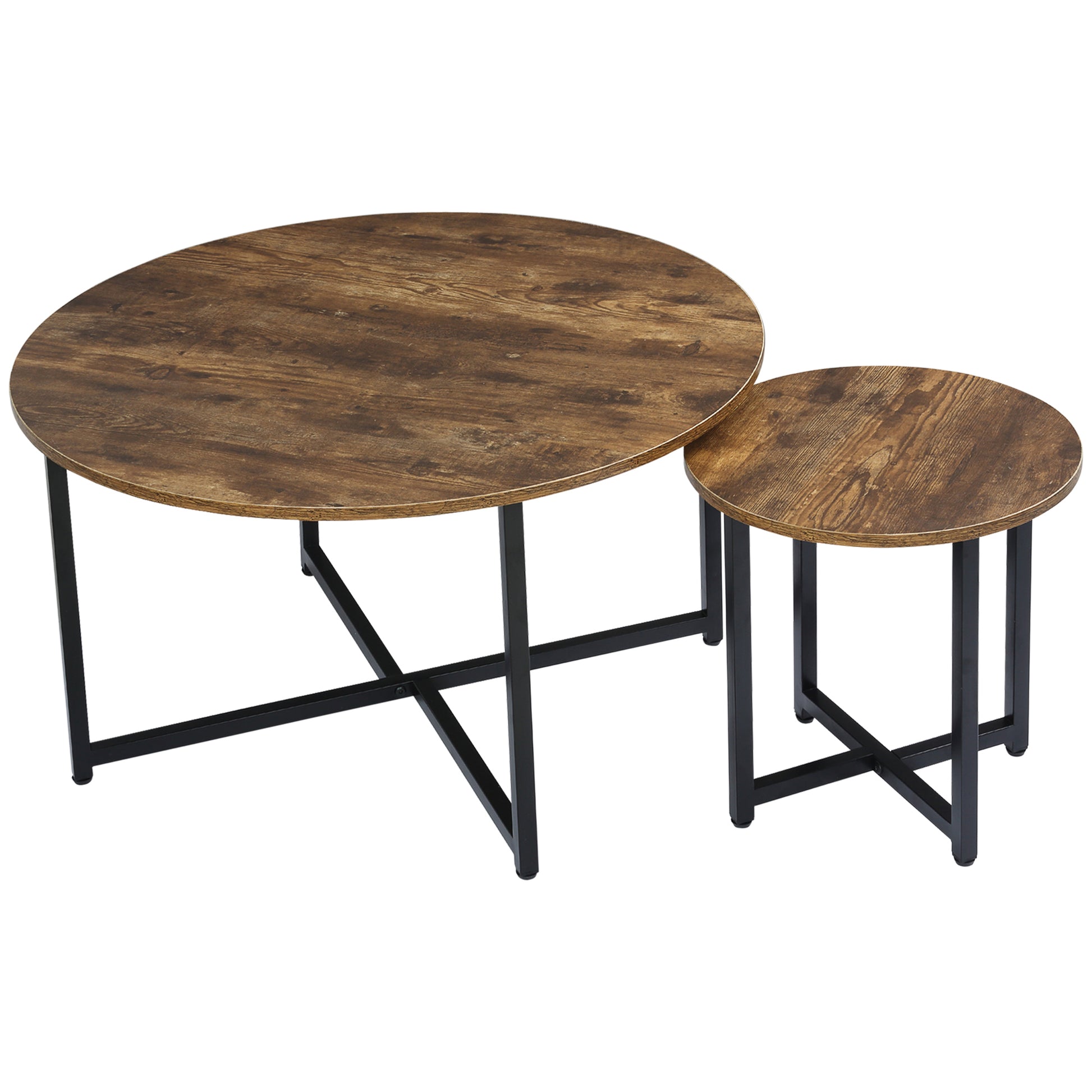Homcom Round Coffee Table Set Of 2, Industrial Living Room Tables With Metal Frame, Circle Coffee Tables For Living Room, Rustic Brown Rustic Brown Mdf