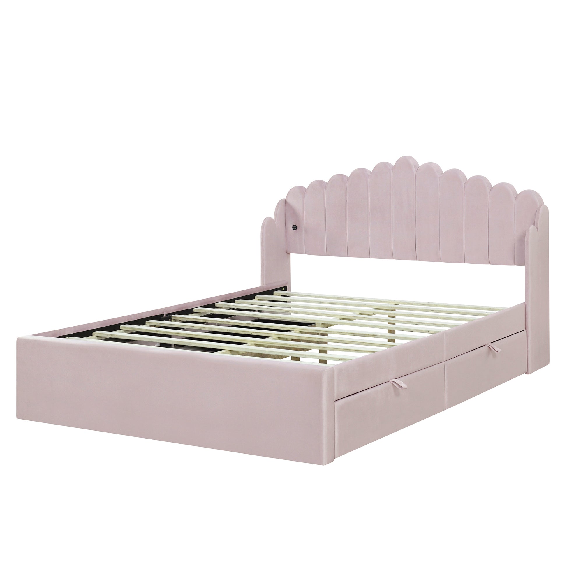 Queen Size Upholstered Platform Bed With 4 Drawers And 2 Usb, Pink Box Spring Not Required Queen Pink Wood Bedroom Bed Frame Polyester Upholstered