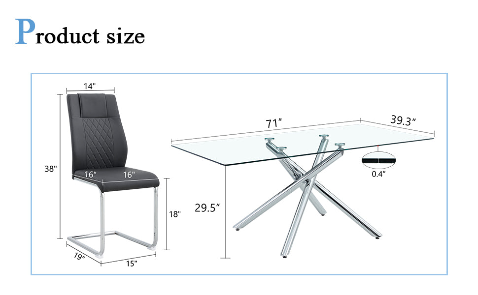 Table And Chair Set.Modern Luxurious Transparent Tempered Glass Dining Table Set With 8 Chairs.Single Fork Silver Metal Table Legs.Black High Quality Pu Dining Chairs With Silver Metal Legs.