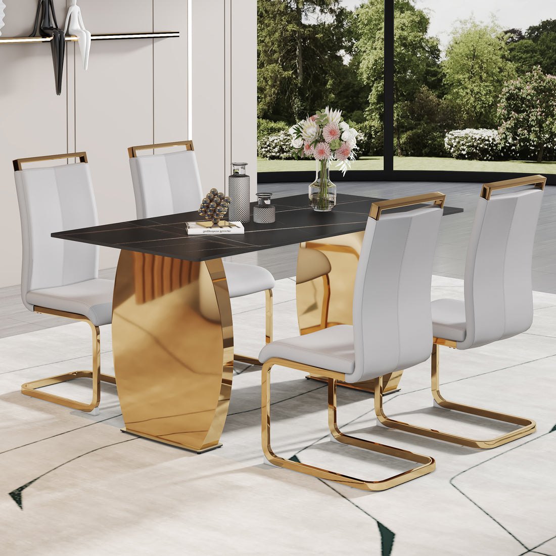 Table And Chair Set,Modern Rectangular Table With 0.4 Inch Black Patterned Tabletop And Gold Legs, Suitable For Kitchen, Dining Room, And Living Roomcomfortable Pu Seats,Perfect For Dinner, Meet. Grey Black Seats 4 Sintered Stone
