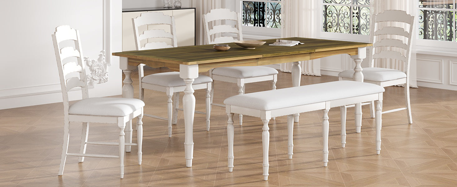 Vintage Traditional 6 Piece 82.7Inch Extendable Dining Table Set With 23.6Inch Removable Leaf, 50.4Inch Upholstered Dining Bench And 4 Chairs For 6, Brown Cream Wood Dining Room Distressed Finish Rubberwood Rectangular Dining Table With Bench Wood Wood