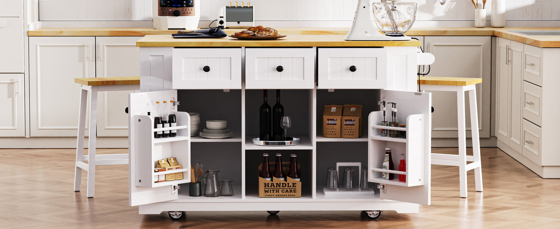 K&K 53Inch Large Kitchen Island With Drop Leaf, Power Outlet, Door Internal Storage Rack, Rolling Kitchen Cart On 5 Wheels With 5 Open Side Racks For Kitchen, Dining Room,White Not Include Bar