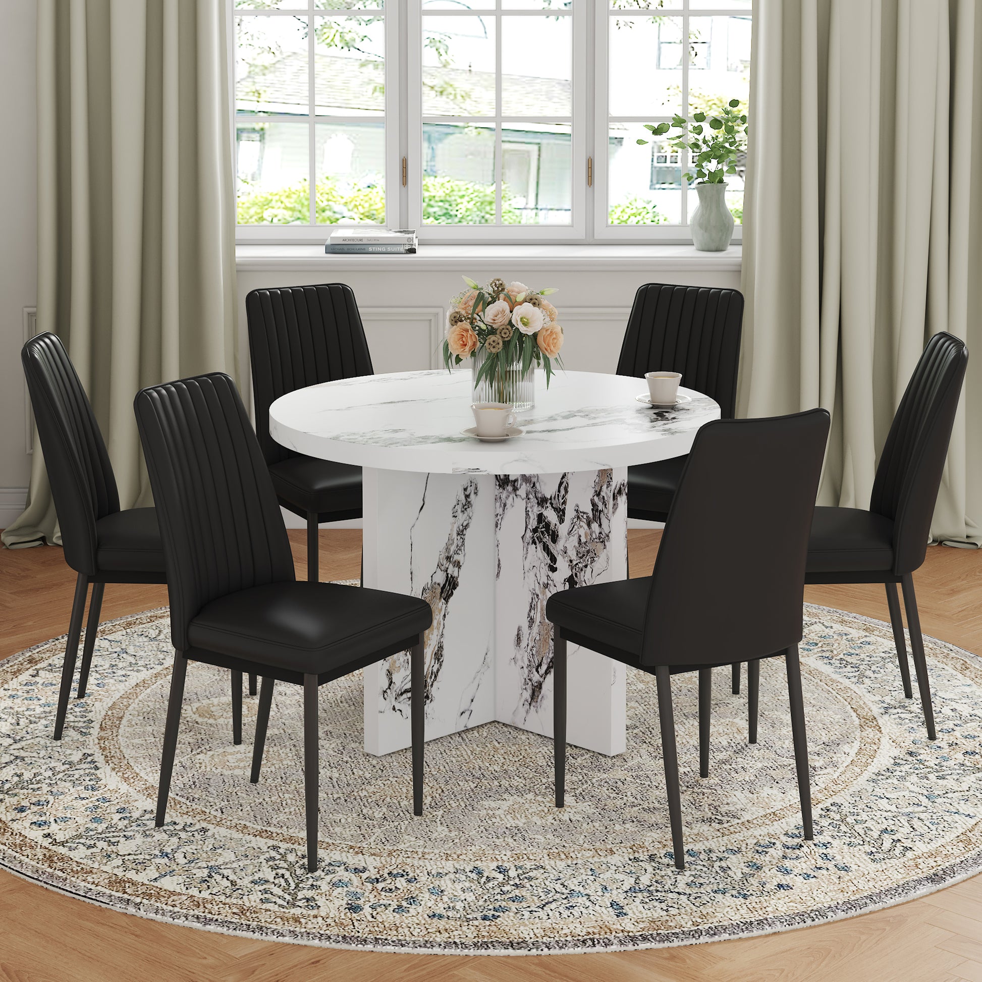 7 Piece Round Dining Table Set, 42 Inch Modern Round Table And 6 Upholstered Chairs For Dining Room, Kitchen Room, Living Room, Easy Assembly Metal White Black 42 Inches Modern Pedestal Round Mdf