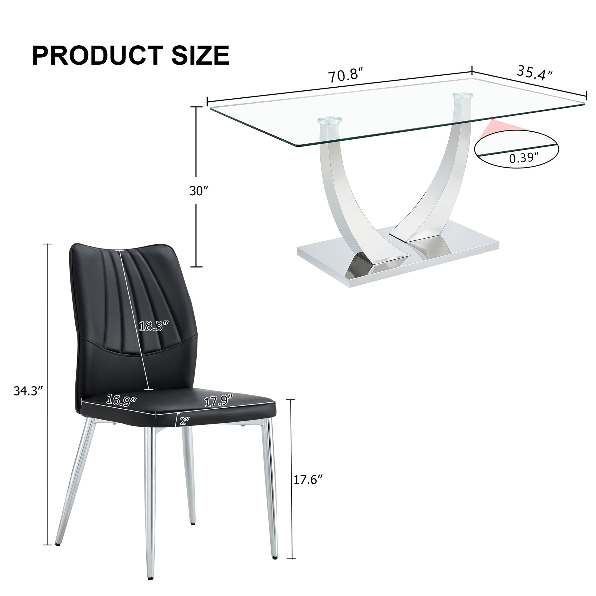 Table And Chair Set.Contemporary, Minimalist Rectangular Dining Table Featuring A Clear Tempered Glass Top And Sleek Silver Legs. Paried With Chairs Made Of Pu Material Cushion And Silver Metal Legs. Black Seats 8 Glass Metal