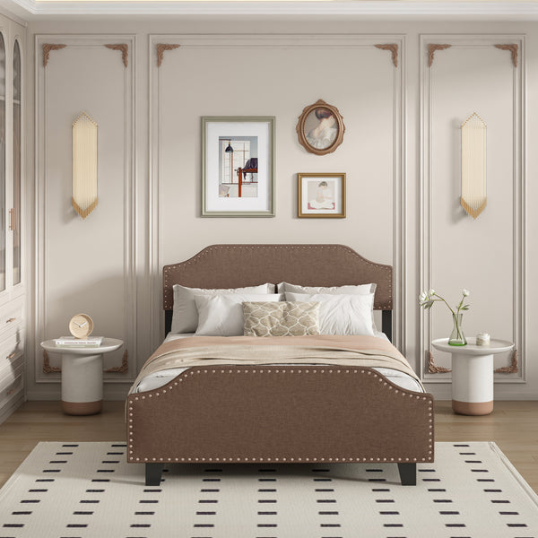 Upholstered Linen Queen Bed Frame, Platform Bed With Curved Shape Head