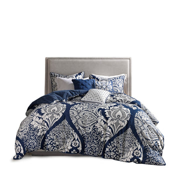 7 Piece Cotton Printed Comforter Set Indigo Queen Queen Indigo Polyester