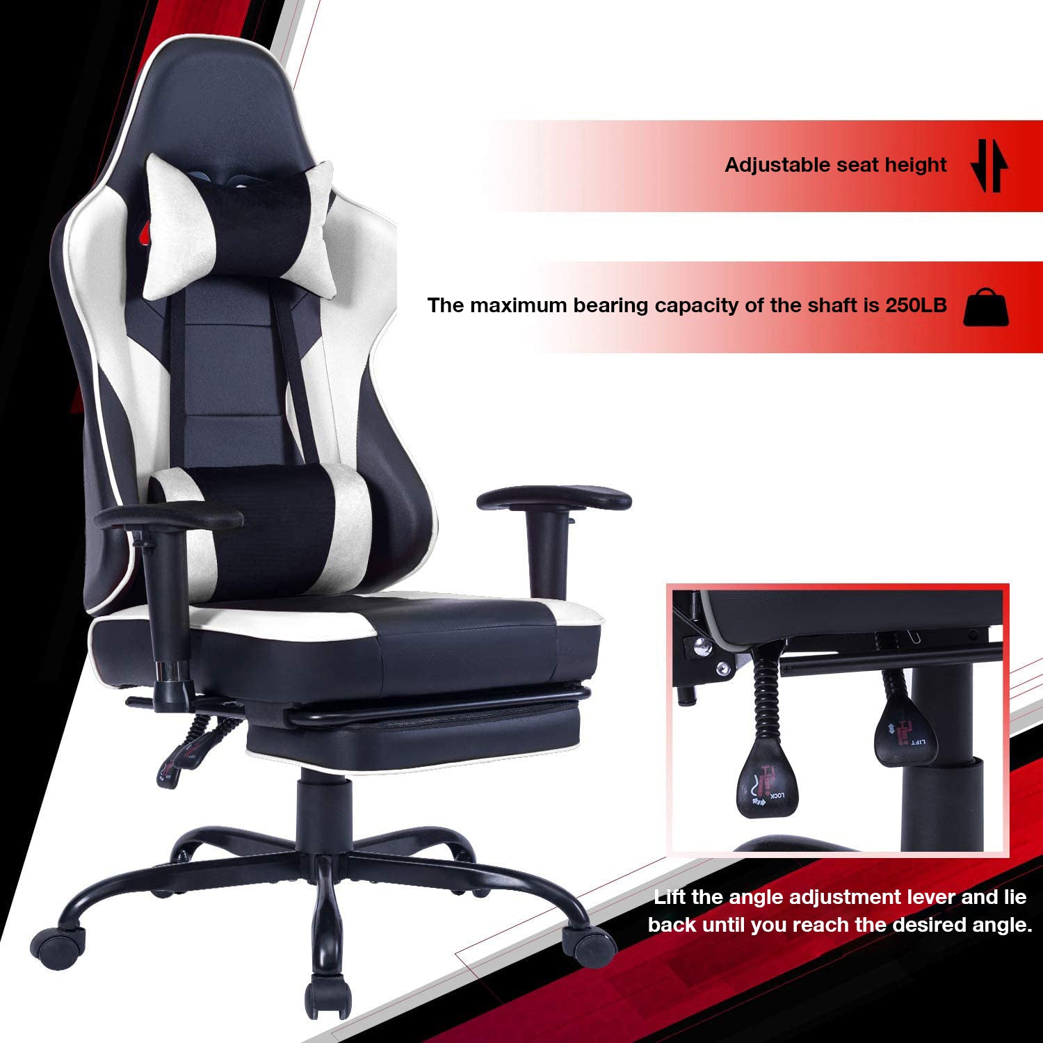 Game Chair, Ergonomiy Designed Computer Chair With Headrest And 2D Armrests, Waist Pillow Electronic Lounge Chair With Vibration Massage Function, Competitive Chair Iron White Cotton Leather