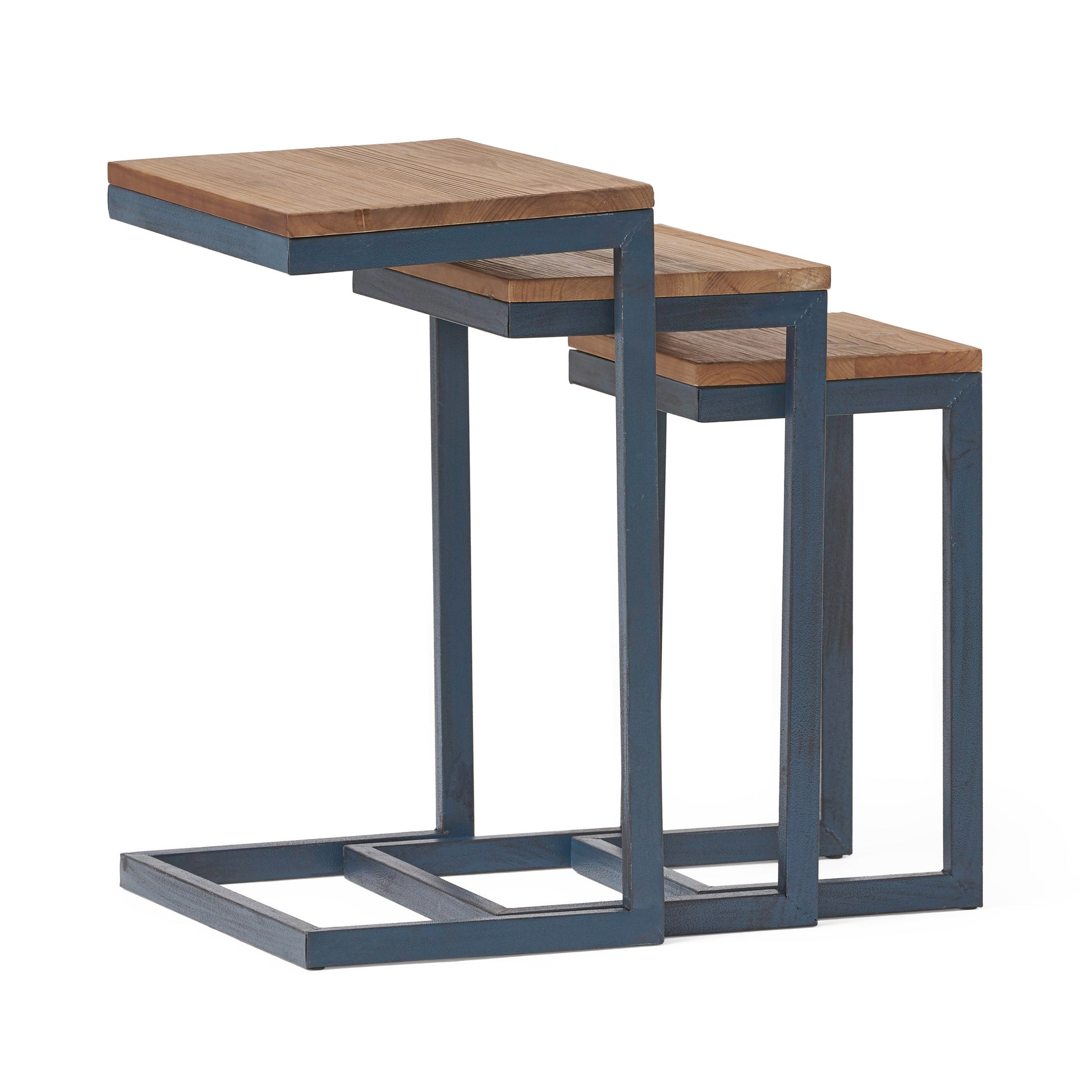 Modern Industrial Firwood Nesting Tables Set Of 3 , Antique Brown And Black With Blue Antique Brown Primary Living Space Casual,Contemporary Fir Coffee & End Tables Rectangular Wood Metal