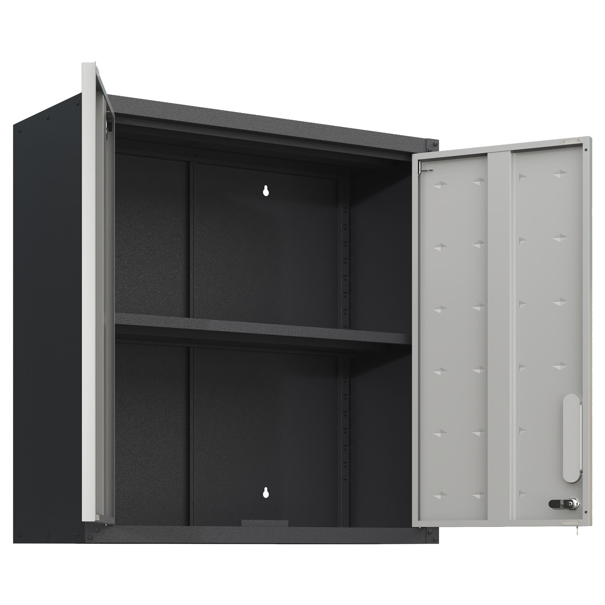 Metal Wall Mounted Tool Storage Cabinet With Locking Door And 1 Shelf 1 Opened Drawer For Garage Warehouse,Office,Assembly Required Black Gray Modern Metal