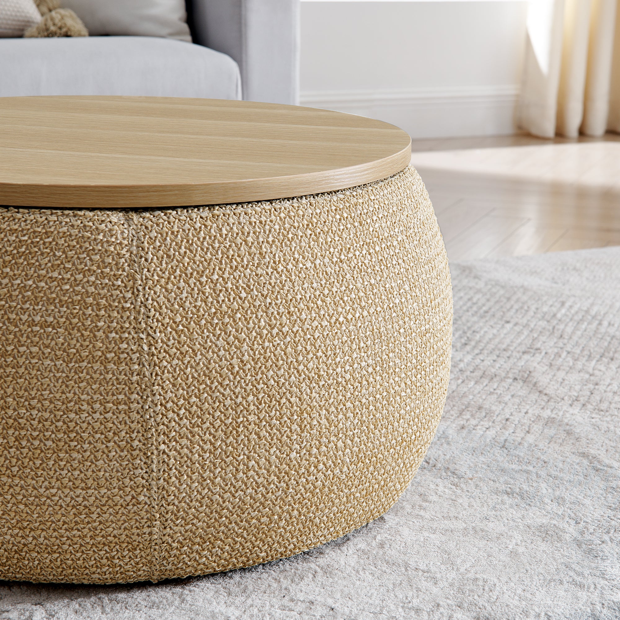 Round Storage Ottoman, Woven Rattan Fabric Ottoman, 2 In 1 Function, W