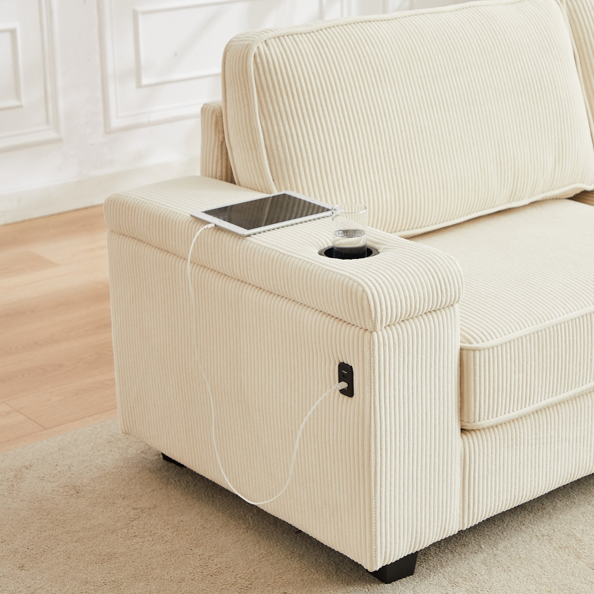 86.5 Inch Sofa Couch Deep Seat Sofa With Two Storage Spaces, T Pyce Charging Portsusb Charging Ports & 2 Cup ,Corduroy 3 Seater Couch, Modern Sofas For Living Room Beige Foam Corduroy 3 Seat