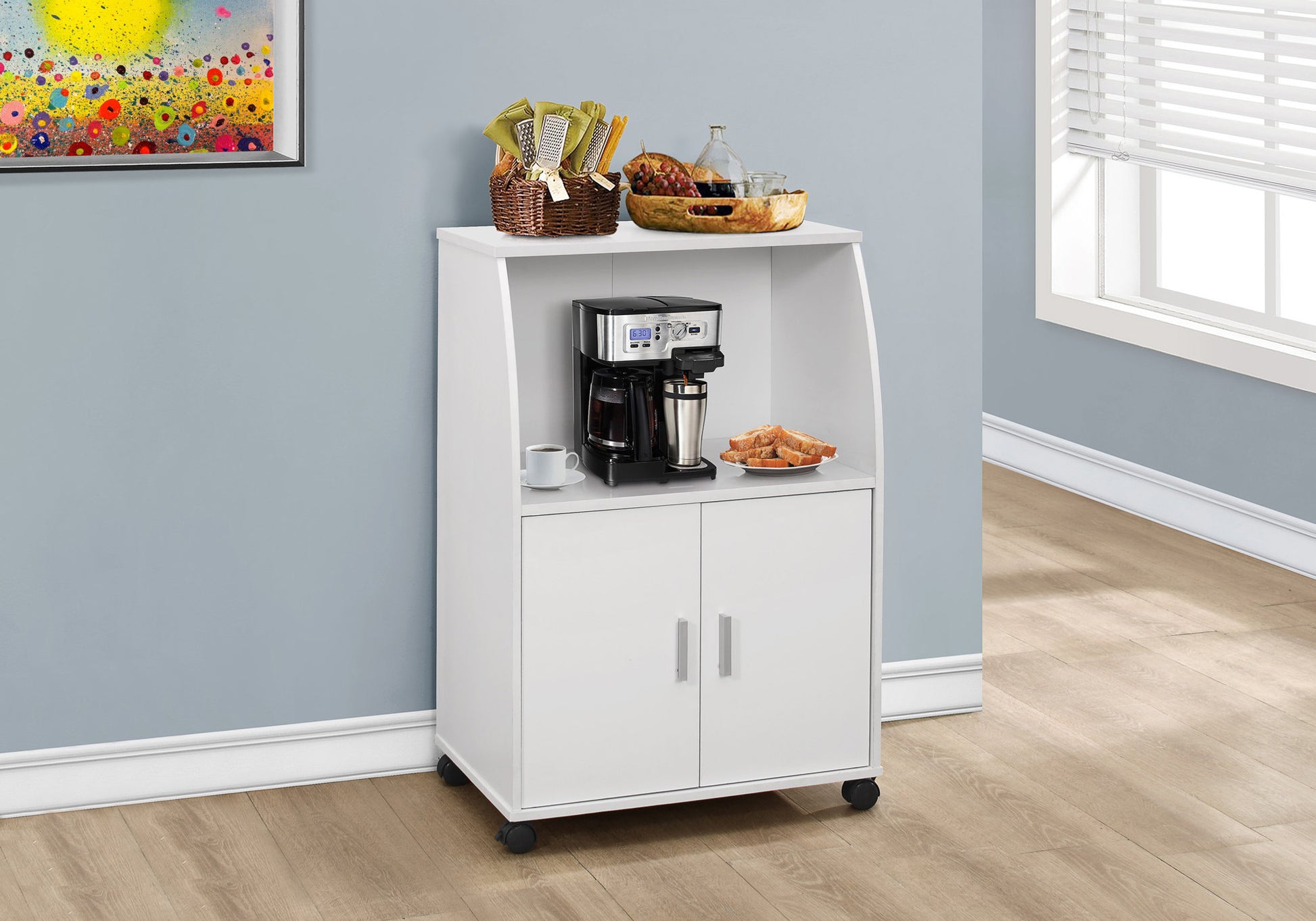 Kitchen Cart, Rolling Mobile, Storage, Utility, White Laminate, Contemporary, Modern White Particle Board