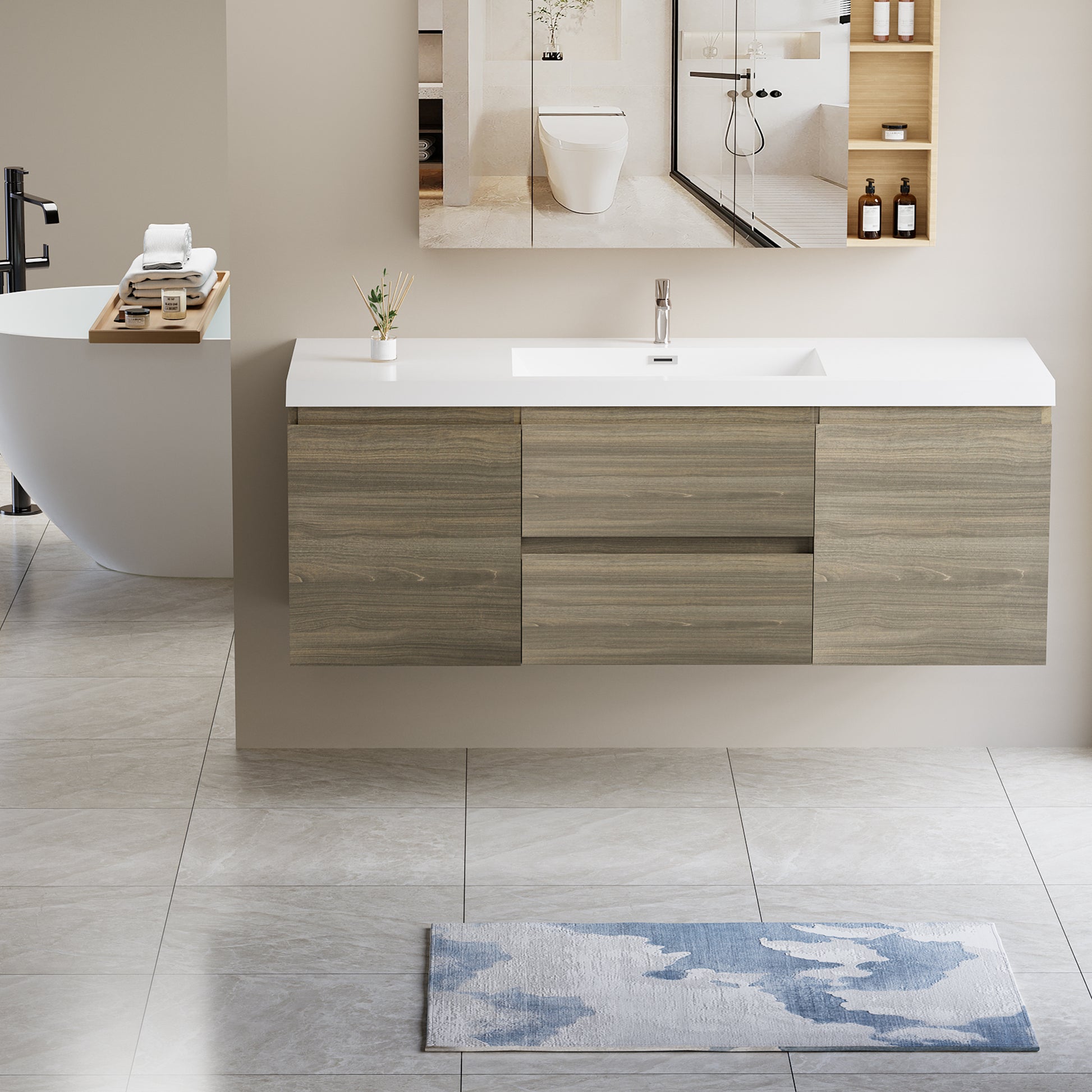 60" Floating Bathroom Vanity with Sink, Modern Wall 2-grey-2-bathroom-wall mounted-melamine
