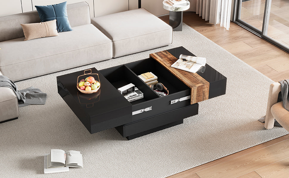 31.4'' X 31.4'' Square Coffee Table With Sliding Tabletop, High Gloss Center Table With Hidden Storage Compartment, Extendable Cocktail Table With Walnut Grain Finish For Living Room, Black Black Square Mdf