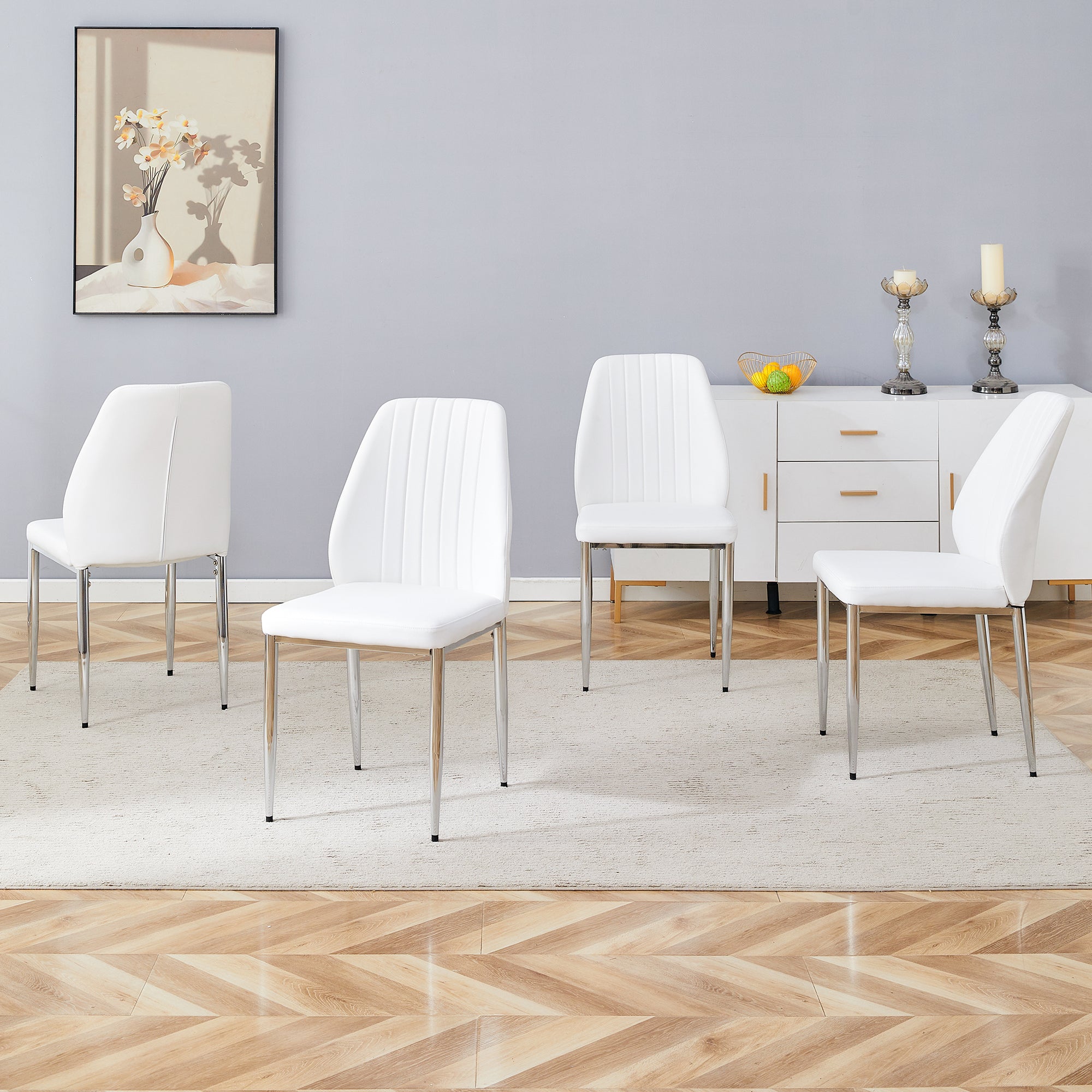 Set Of Four White Pu Comfort Dining Chairs 17.7"X25" .Dining Chair With Extended Backrest,White Pu,Silver Metal Legs,Suitable For Various Places Such As Family Restaurants, Hotels, Coffee Shops,Etc.