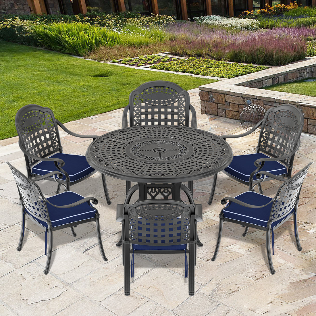 Cushions In Random Colors 7 Piece Set Of Cast Aluminum Patio Furniture With Cushions Yes Complete Patio Set Black Seats 6 Rust Resistant Frame Water Resistant Cushion Garden & Outdoor Complete Patio Sets Aluminium