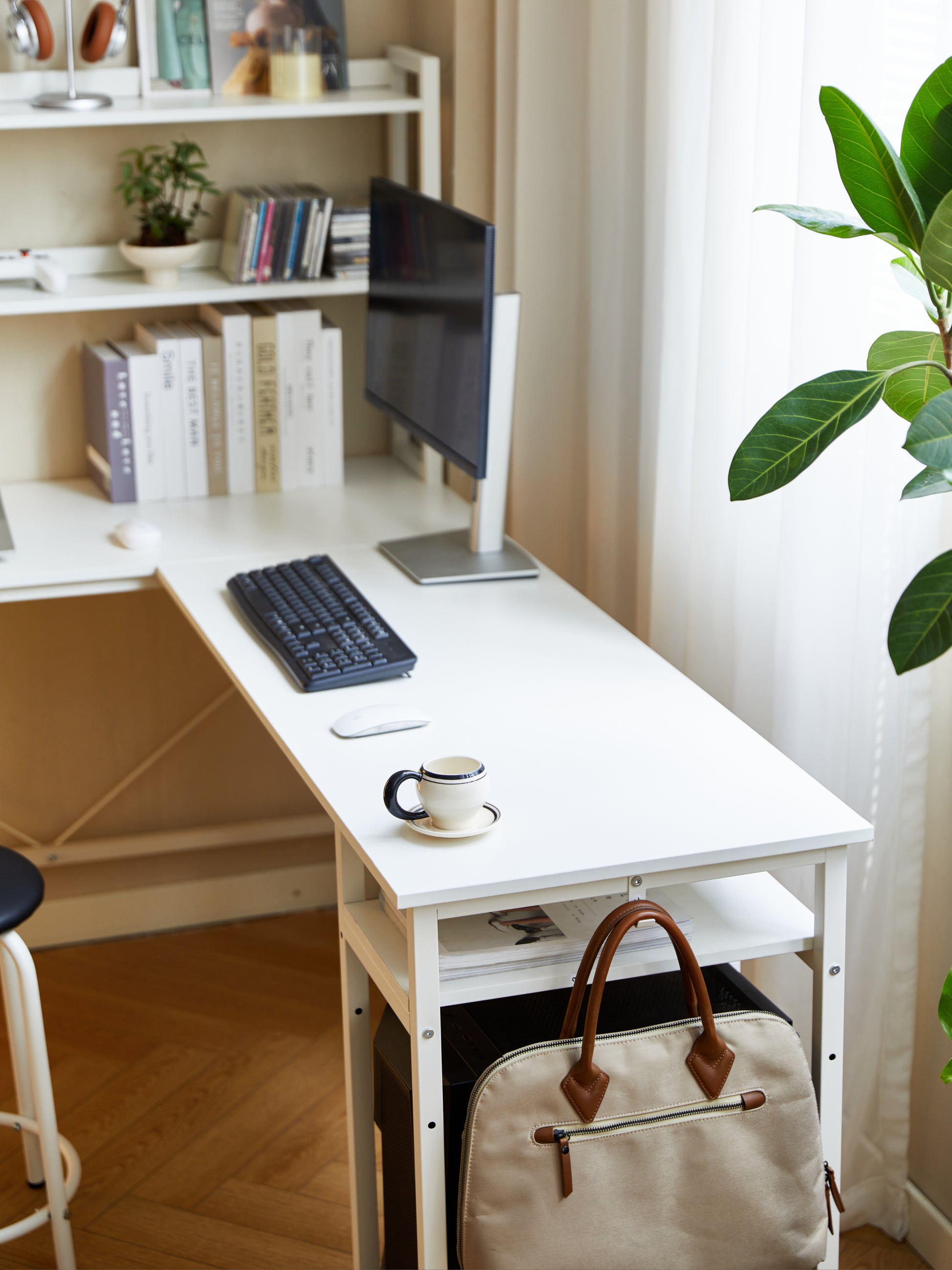 94.5 Inch Home Office Desk L Shape Gaming Desk With Storage Shelves And Stool White Mdf Metal