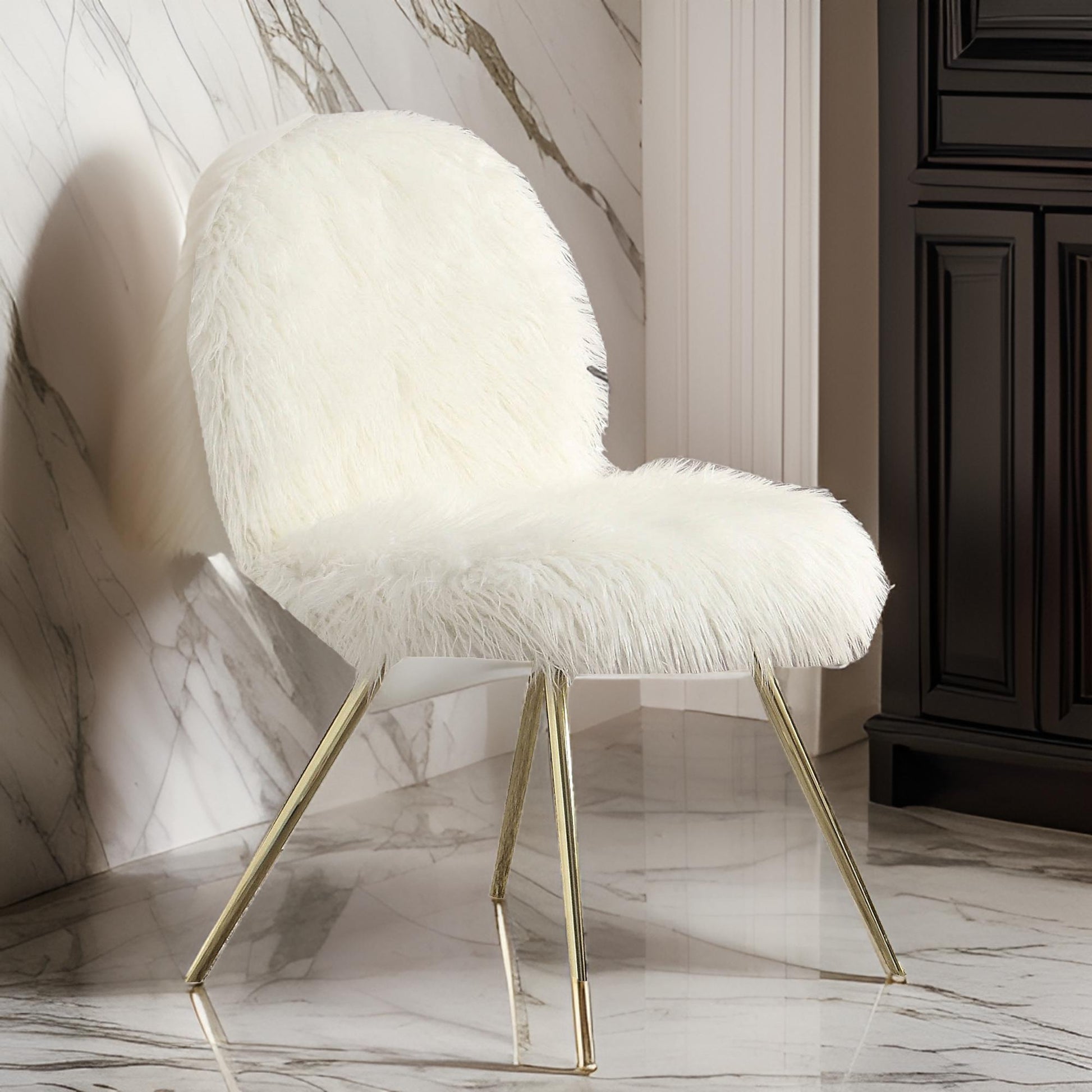 Faux Fur Upholstered Contemporary Metal Accent Chair, White And Gold White Gold Fabric Metal