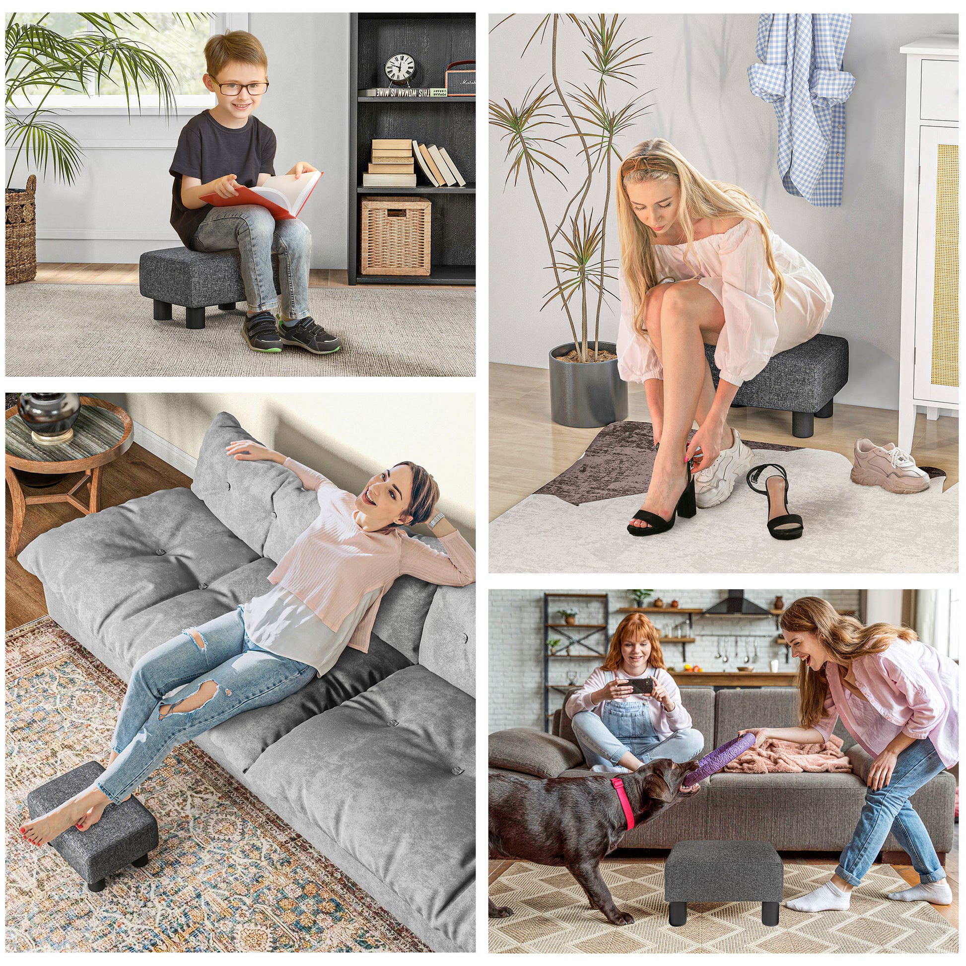 Homcom Ottoman Foot Rest, Small Foot Stool With Linen Fabric Upholstery And Plastic Legs, Cube Ottoman For Living Room, Charcoal Gray Gray Linen