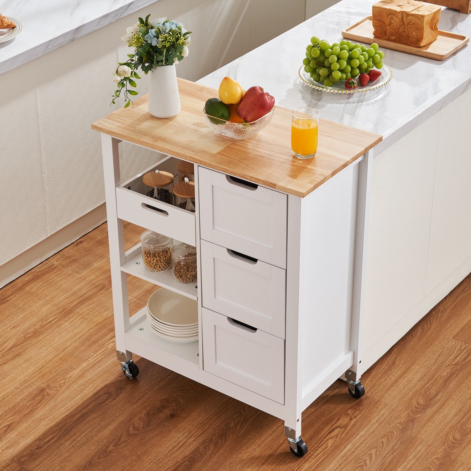 Rolling Portable Small Kitchen Island Cart On Wheels With Solid Wood Top, Dining Room Serving Utility Carts Mobile Movable With 3 Drawers And Storage Shelves Cabinet, White White White Dining Room American Design Rectangular Kitchen Island Sets Mdf Small