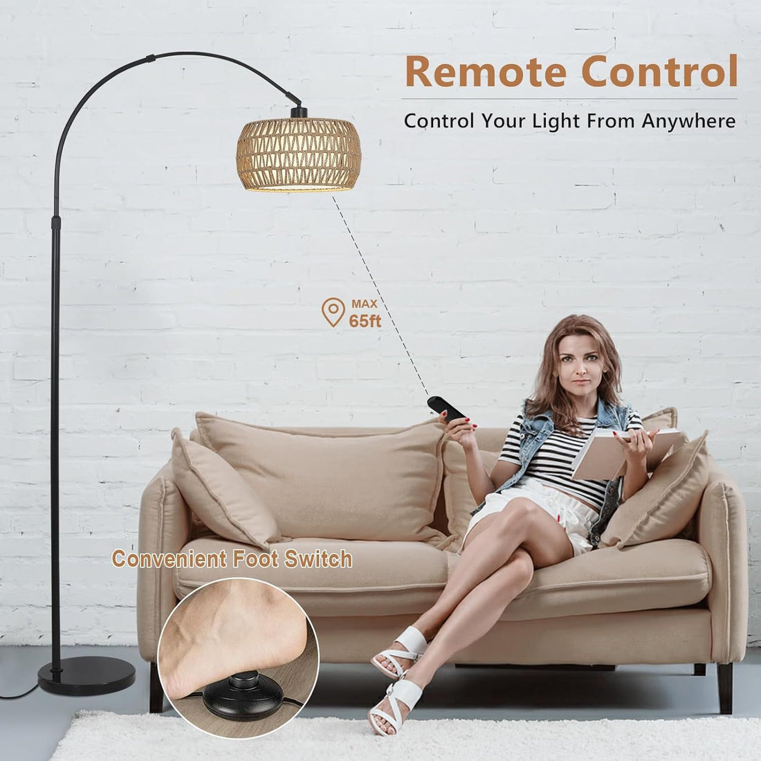 Arc Floor Lamps For Living Room With 3 Color Temperatures, Black Standing Lamp With Remote & Dimmable Led Bulb, Rattan Boho Floor Lamp, Farmhouse Tall Lamp For Bedroom, Over Couch Arched Reading Light Brown Black Rattan Metal