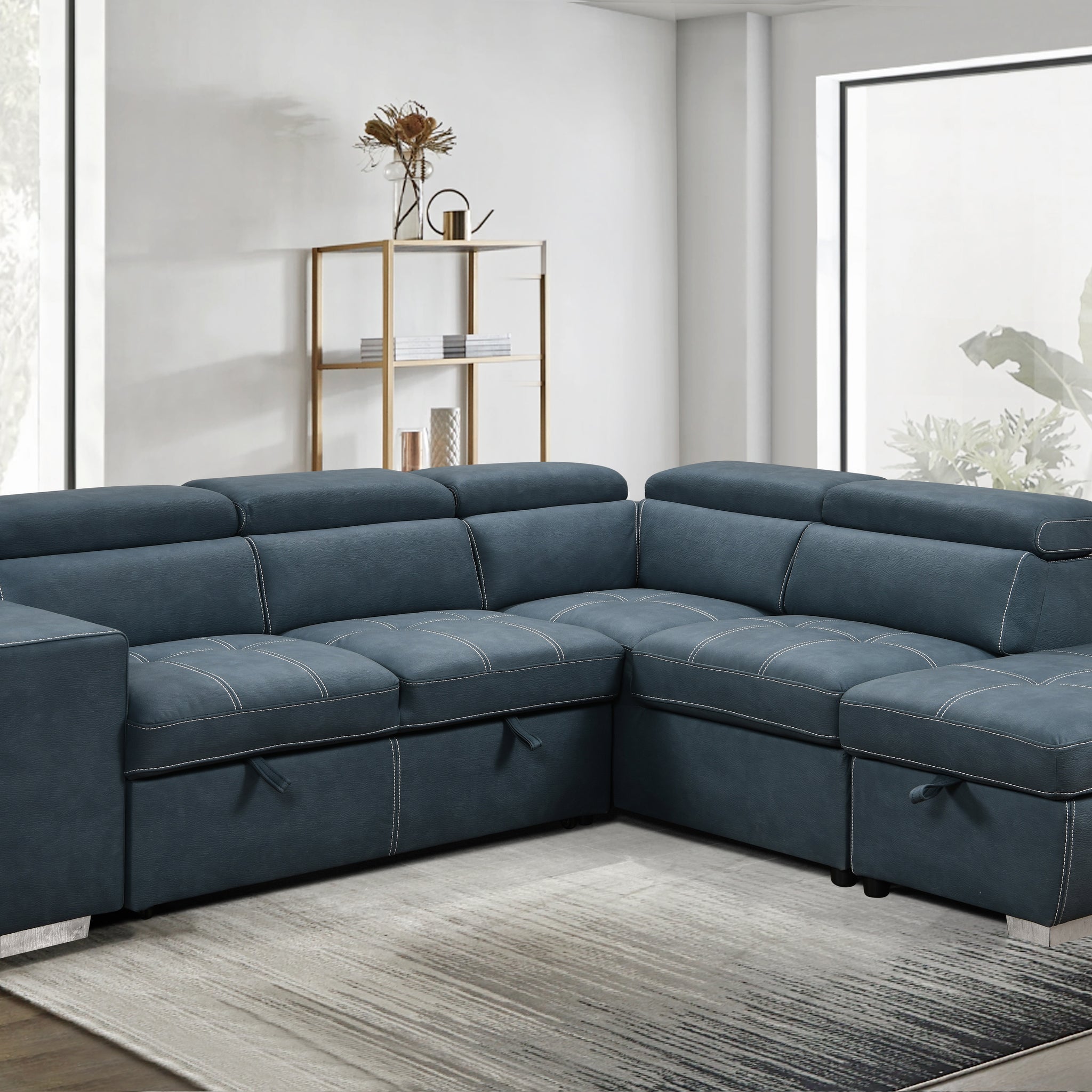 105" Sectional Sofa With Adjustable Headrest ,Sleeper Sectional Pull Out Couch Bed With Storage Ottoman And 2 Stools,Blue Light Brown Wood Primary Living Space Heavy Duty Eucalyptus 5 Seat Blue Microfiber Soft Cushion Back Modern Square Arms Foam