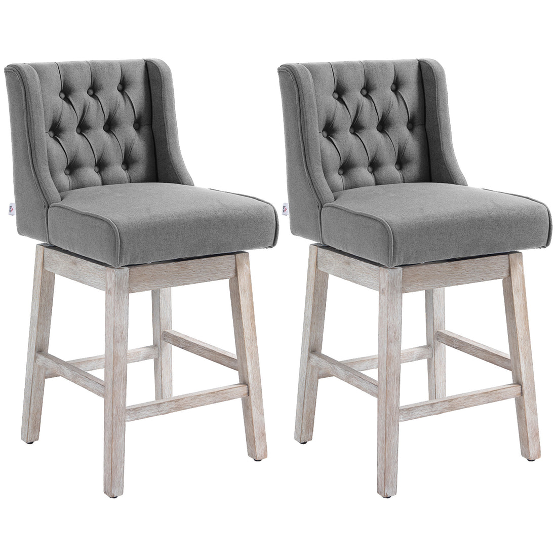 Homcom Counter Height Bar Stools Set Of 2, 180 Degree Swivel Barstools, 27" Seat Height Bar Chairs With Solid Wood Footrests And Button Tufted Design, Gray Gray Rubber Wood