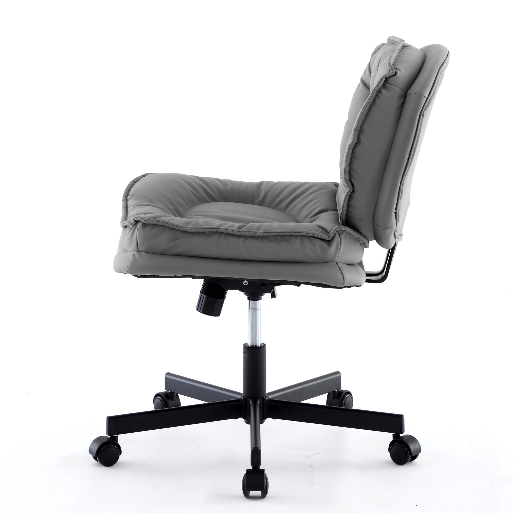 Armless Office Desk Chair With Wheels: Pu Leather Cross Legged Wide Chair,Comfortable Adjustable Swivel Computer Task Chairs For Home,Office,Make Up,Small Space,Bed Room Smoke Grey Antique Fiber Foam And Polyester Fiber Pad Pvc