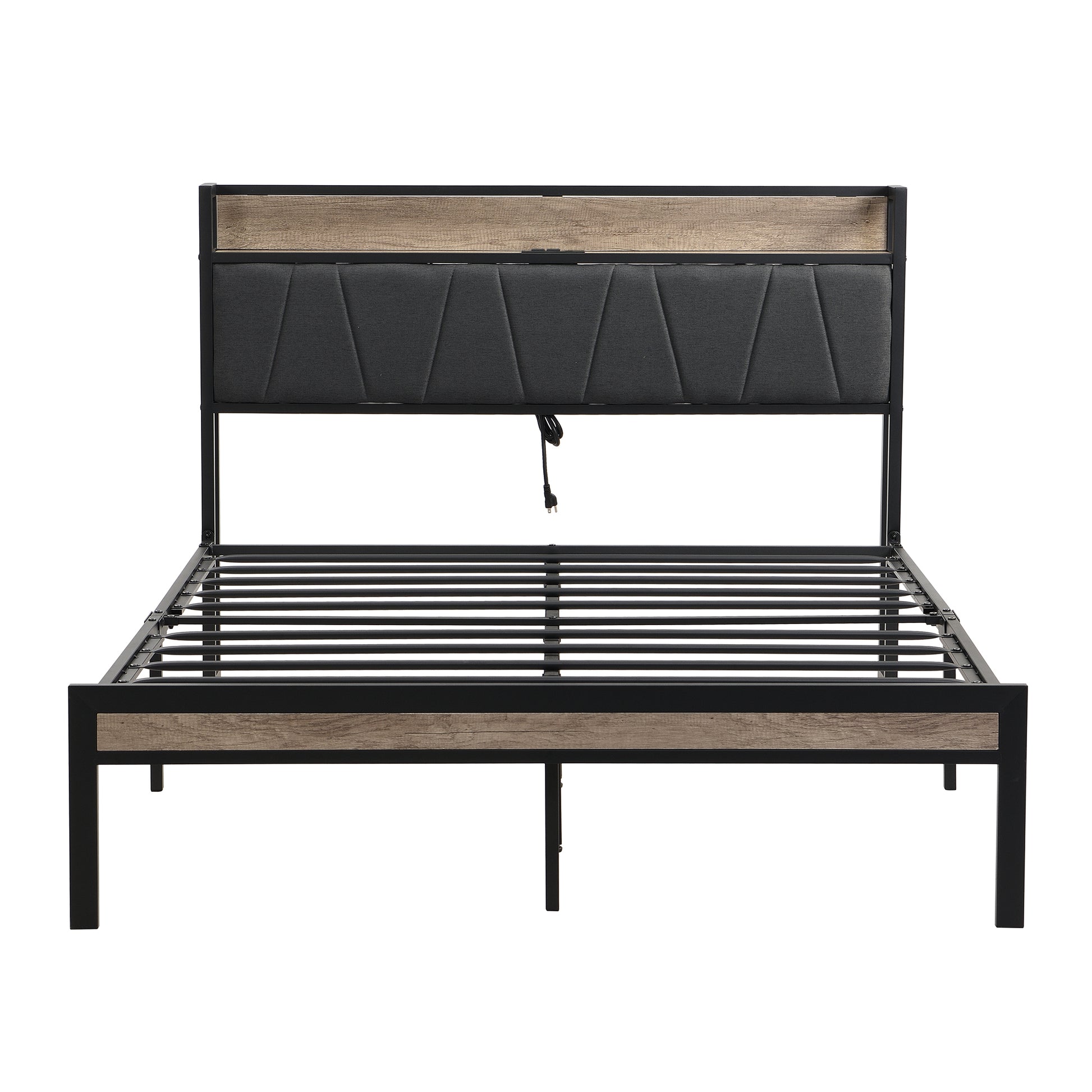 Full Size Metal Platform Bed Frame With Upholstery Storage Function Headboard And Usb Liner And Footboardno Box Spring Needed, Large Under Bed Storage, Easy Assemble Full Beige Black Metal & Wood