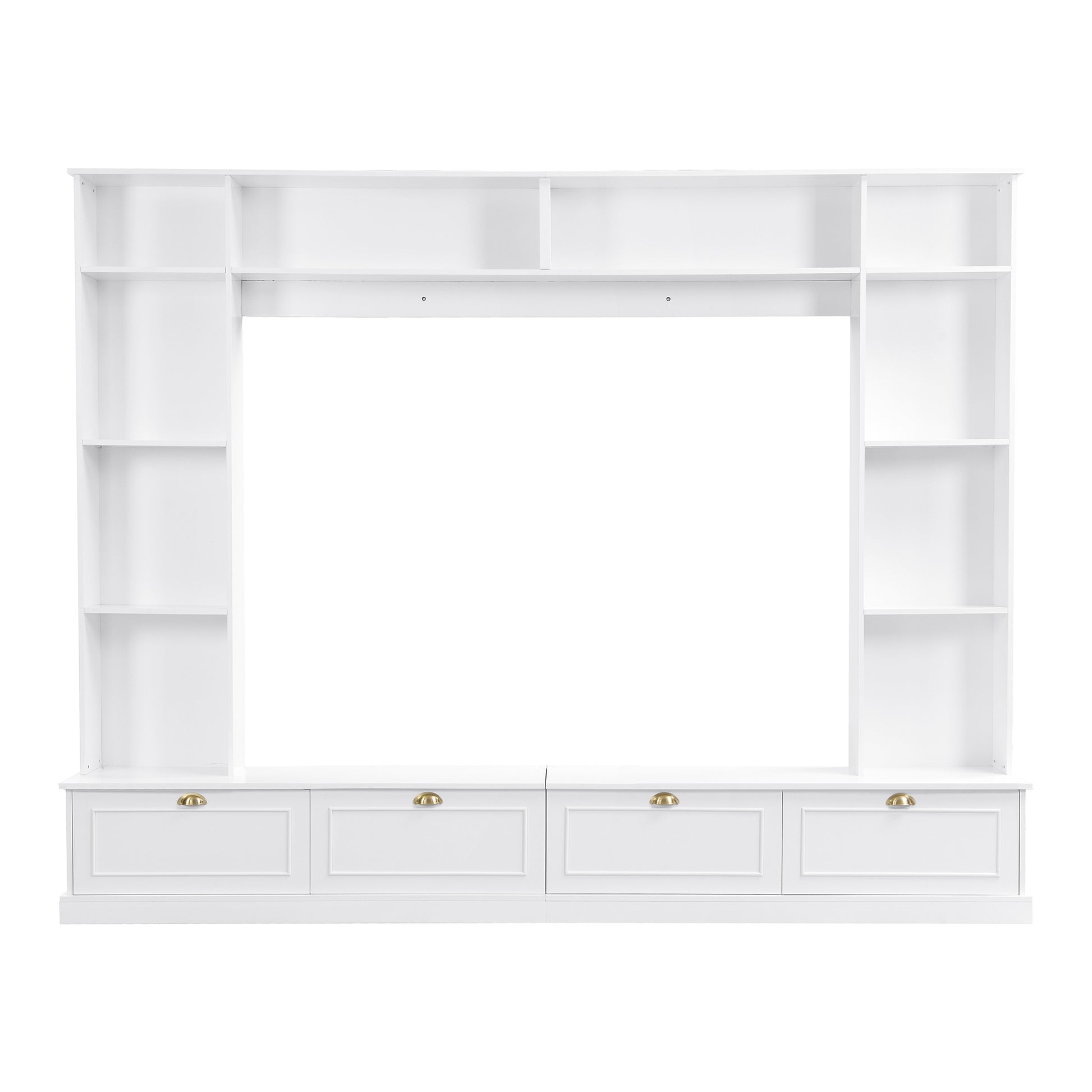 Large Wall Unit Entertainment Center With Bookshelves For Tvs Up To 78'', Modern Tv Console With Cabinets And Open Shelves, 4 In 1 Tv Stand With Golden Handles, White, 104.2''W*81.2''H White 70 79 Inches Mdf