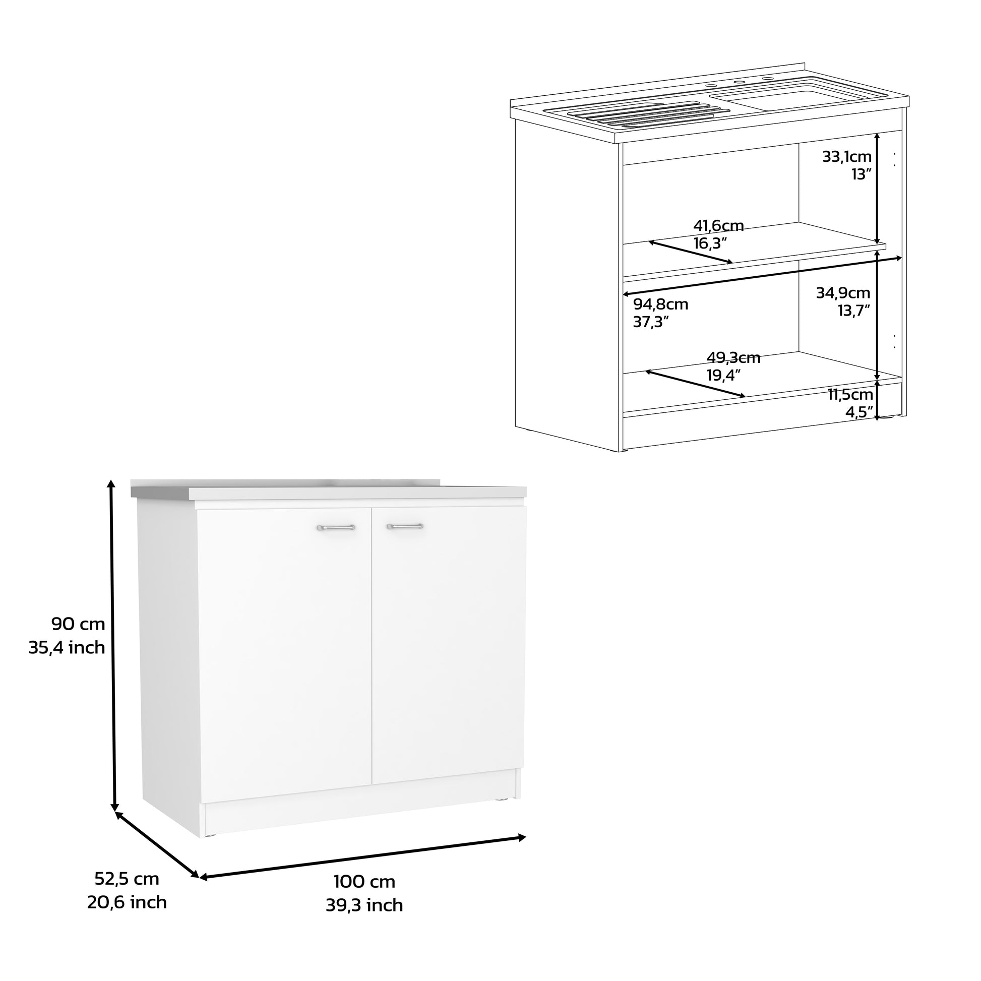Freestanding Sink, Double Door Cabinet, Two Shelves, White White Solid Wood Mdf Engineered Wood