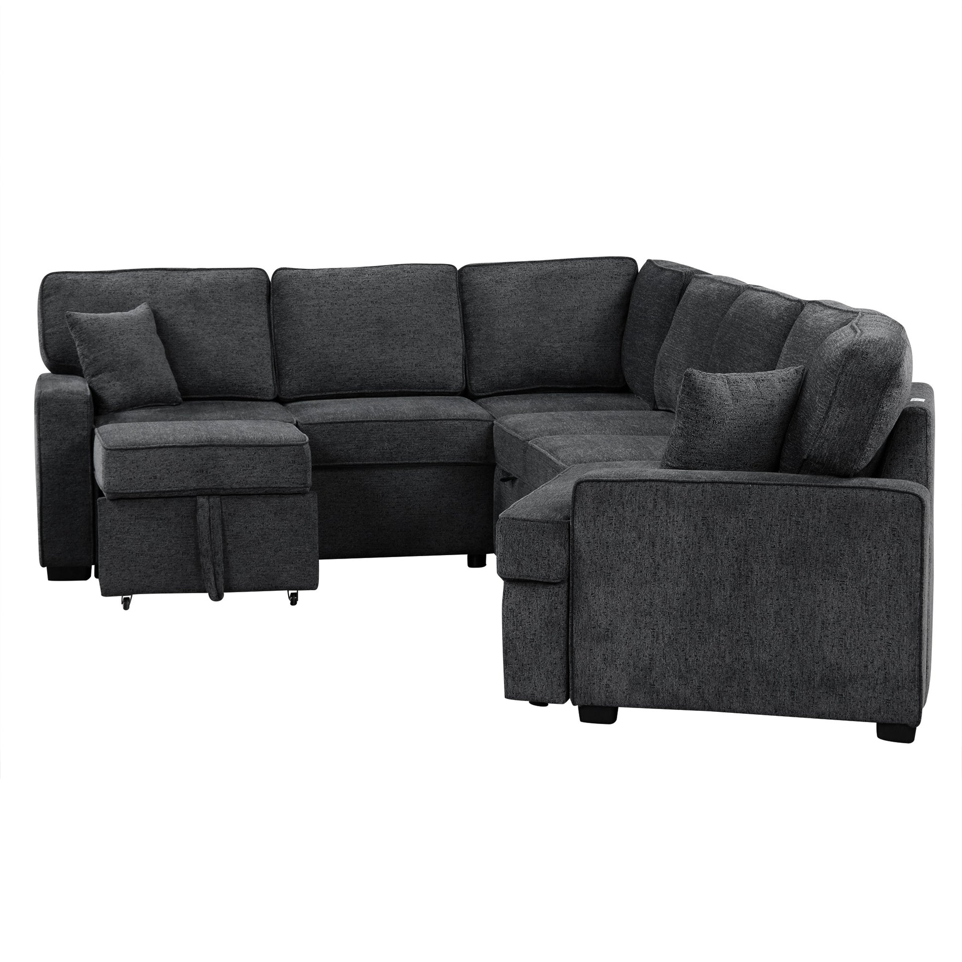 126" L Shaped Sofa Sectional Sofa Couch Pull Out Sofa Bed With Charging Devices And Cup Holders For Living Room, Blue Black Black Blue Foam Chenille 6 Seat