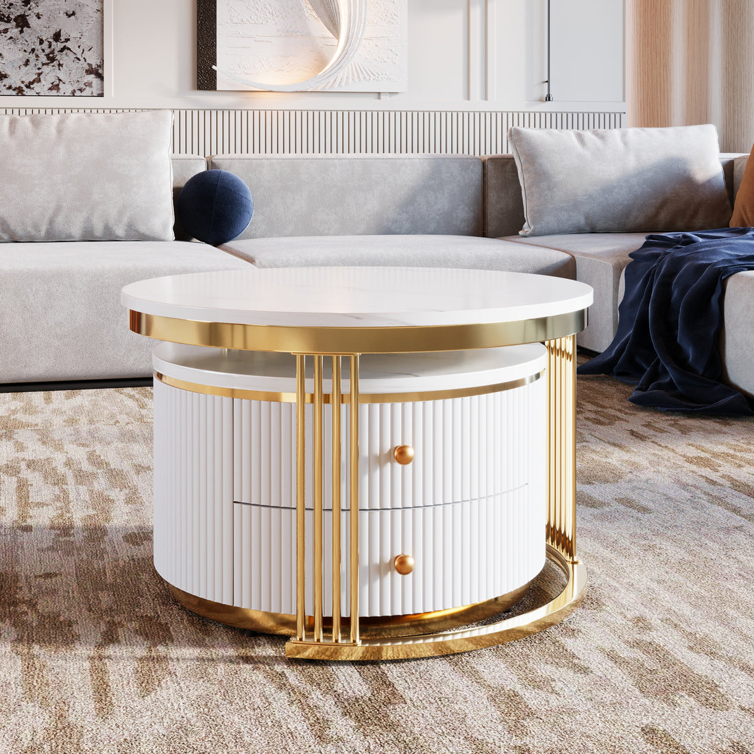 Modern 2 Pieces White Round Nesting Coffee Table With Drawers In 27.6'' Gold White Drawers Coffee & End Tables Glossy Round Metal Mdf Pedestal