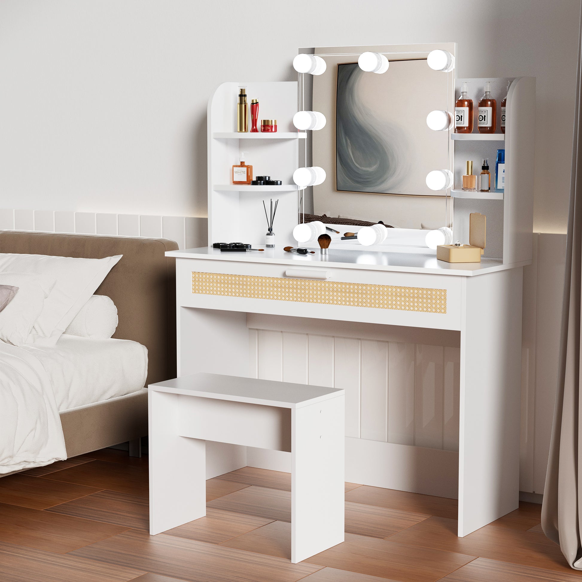 Vanity Desk Set Stool & Dressing Table With Led Lighting Mirror Drawer And Compartments Modern Wood Cosmetic Table Chest Of Drawers White Color Gloss White White 1 Drawer Bedroom Wood