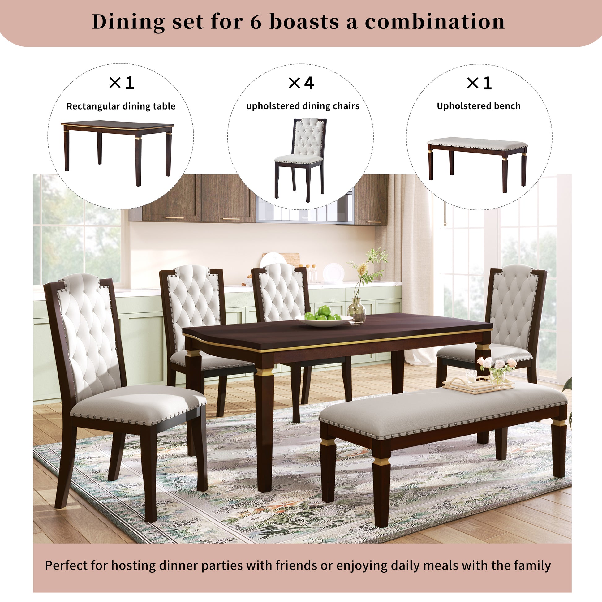 6 Piece Kitchen Dining Table Set, 60" Rectangular Table And 4 High Back Tufted Chairs & 1 Bench For Dining Room And Kitchen Espresso Upholstered Chair Espresso Seats 6 Solid Wood Classic,Modern 4