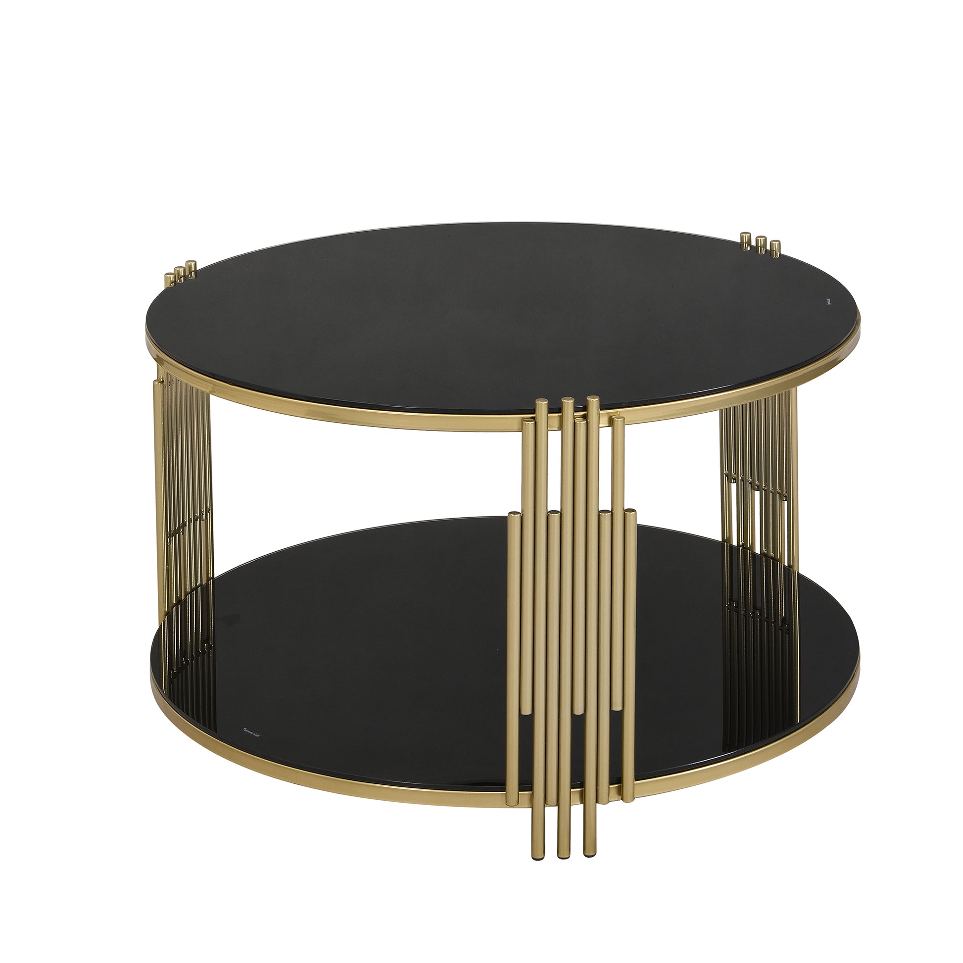 Modern Black Mirror Coffee Table, Asymmetrical Metal, Circular Metal Drum Base, Gold Finish & Lower Shelf Black Tempered Glass