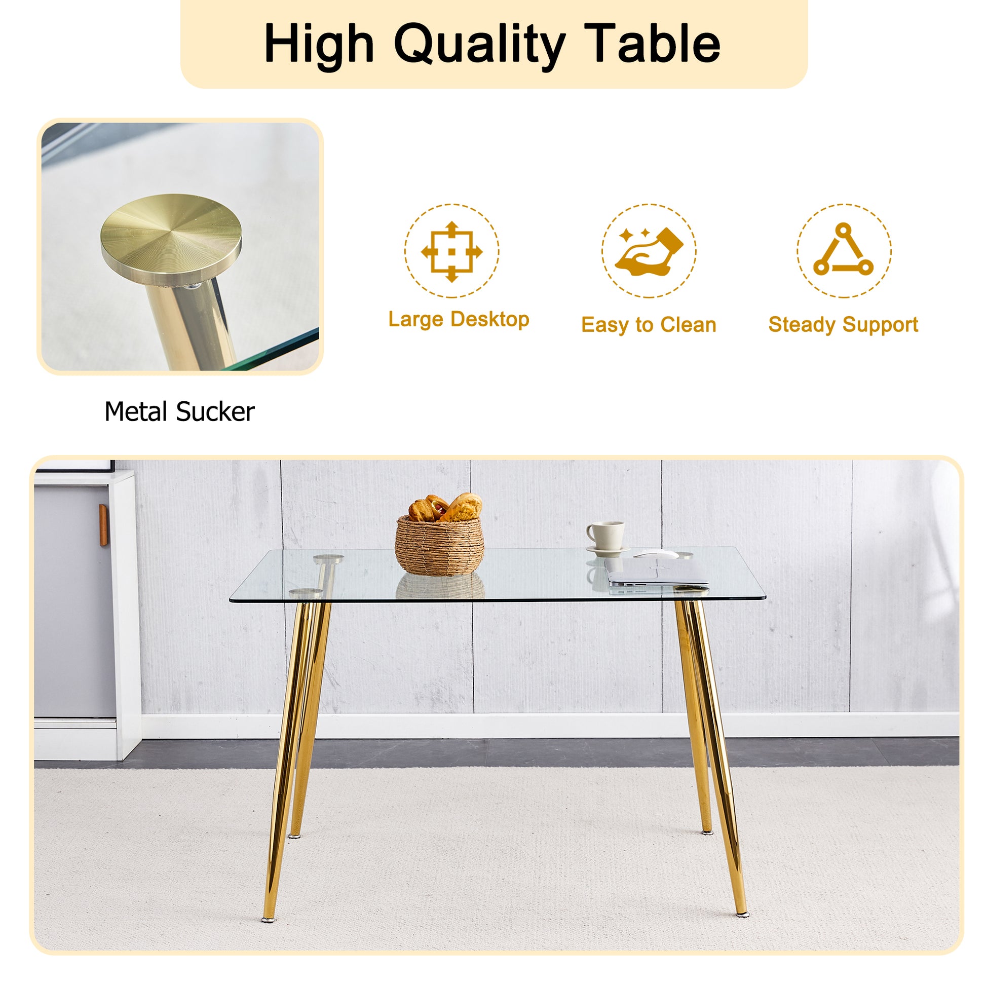 Modern Minimalist Rectangular Glass Dining Table For 4 6 With 0.31" Tempered Glass Tabletop And Golden Plating Metal Legs, Writing Table Desk, For Kitchen Dining Living Room, 51" *31"*30".F 1544 Golden Glass