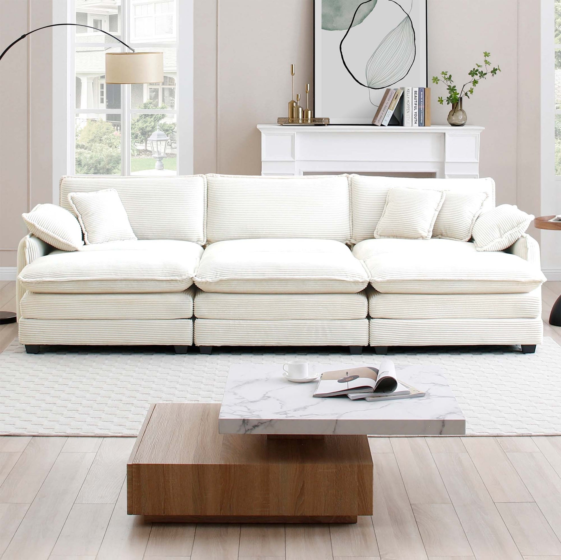 Oversized Modular Cushioned Sofa,With 3 Ottomans To Work As Sleeper Sofa Beds, 3 Seater Sofa With 3 Footstools, Beige Corduroy Fabric Beige Corduroy 3 Seat