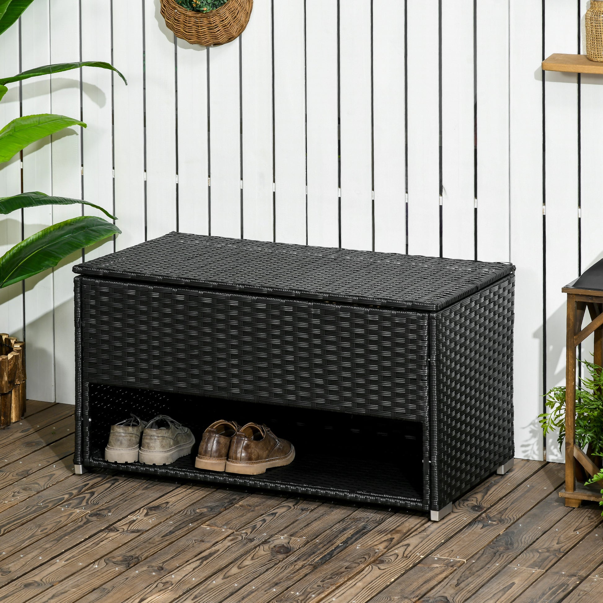 Outsunny Outdoor Deck Box & Shoe Storage, Pe Rattan Wicker Towel Rack With Liner For Indoor, Outdoor, Patio Furniture Cushions, Pool, Toys, Garden Tools, Black Black Steel
